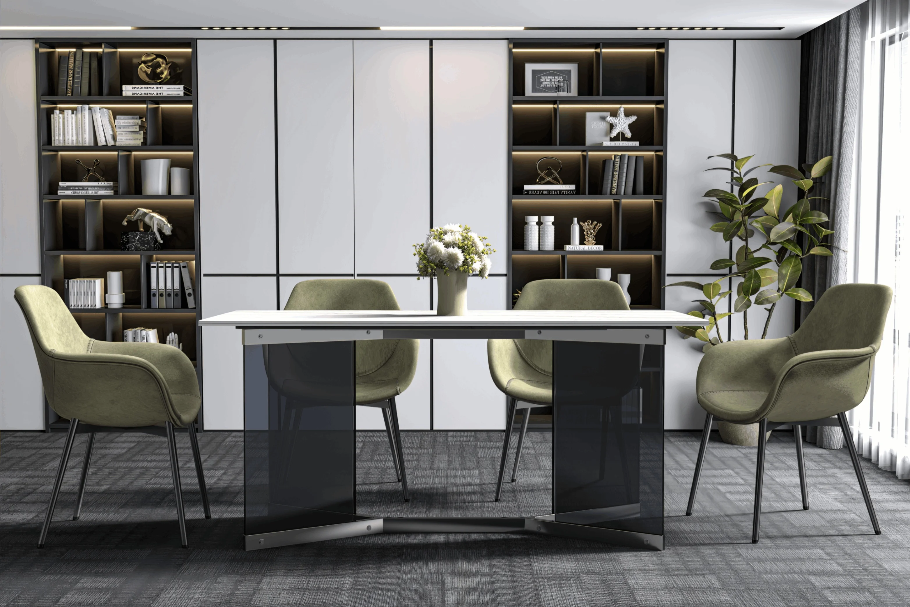 Oryn Series Modern Dining Table Black Glass and Steel Base, With 71" White/Gold Sintered Stone Top