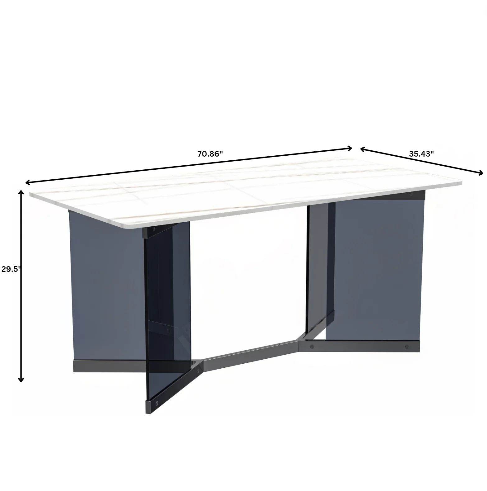 Oryn Series Modern Dining Table Black Glass and Steel Base, With 71" White/Gold Sintered Stone Top