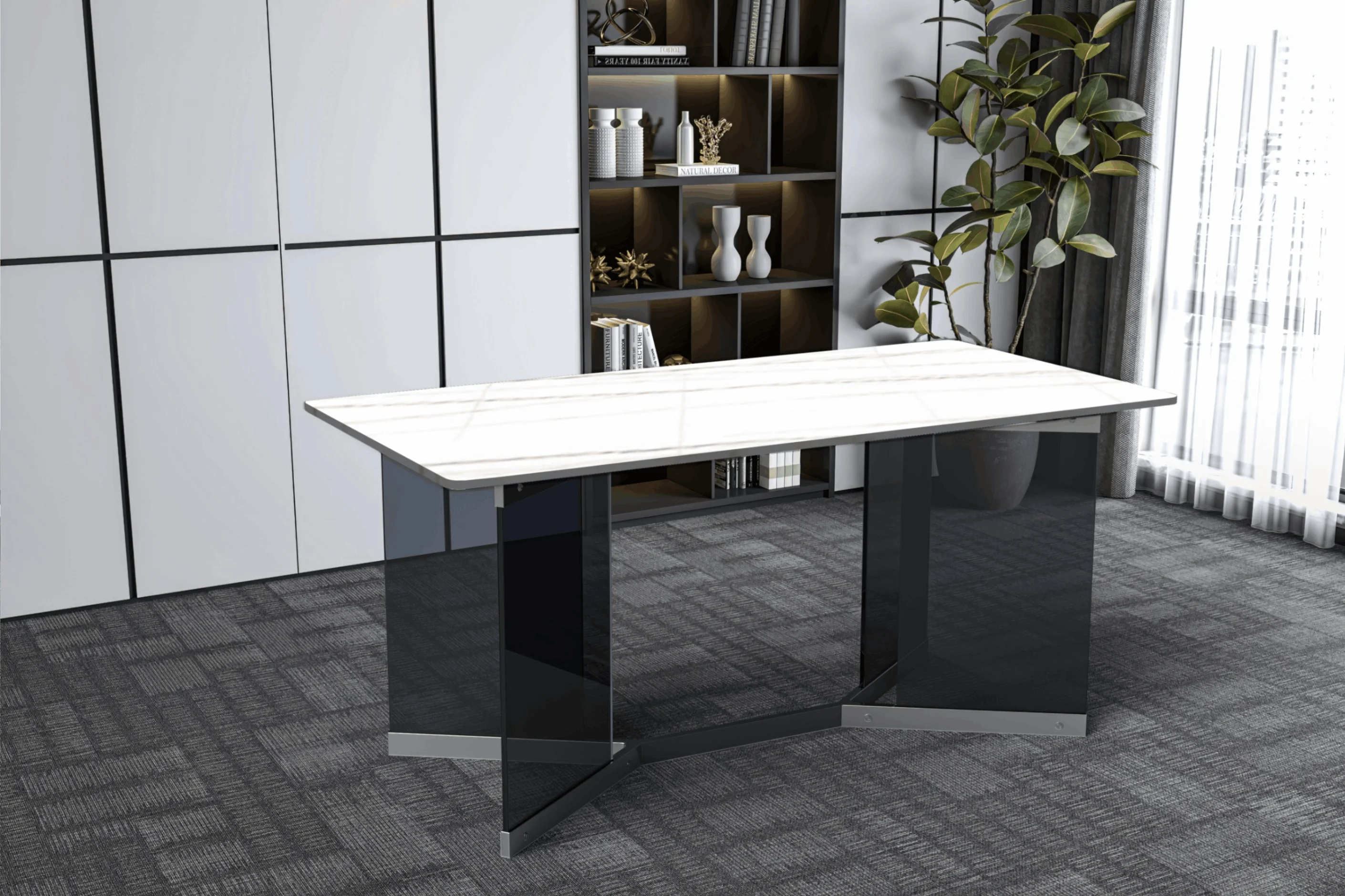 Oryn Series Modern Dining Table Black Glass and Steel Base, With 71" White/Gold Sintered Stone Top