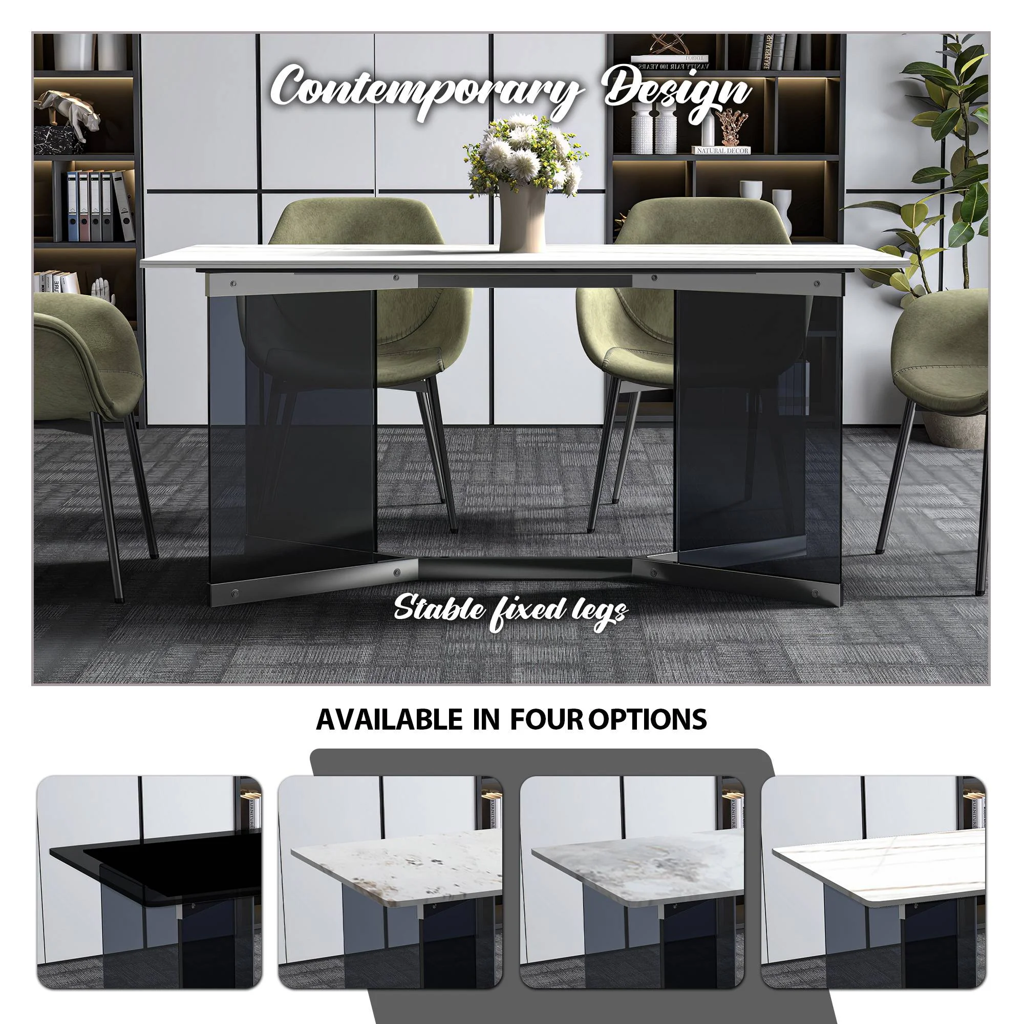 Oryn Series Modern Dining Table Black Glass and Steel Base, With 71" White/Gold Sintered Stone Top