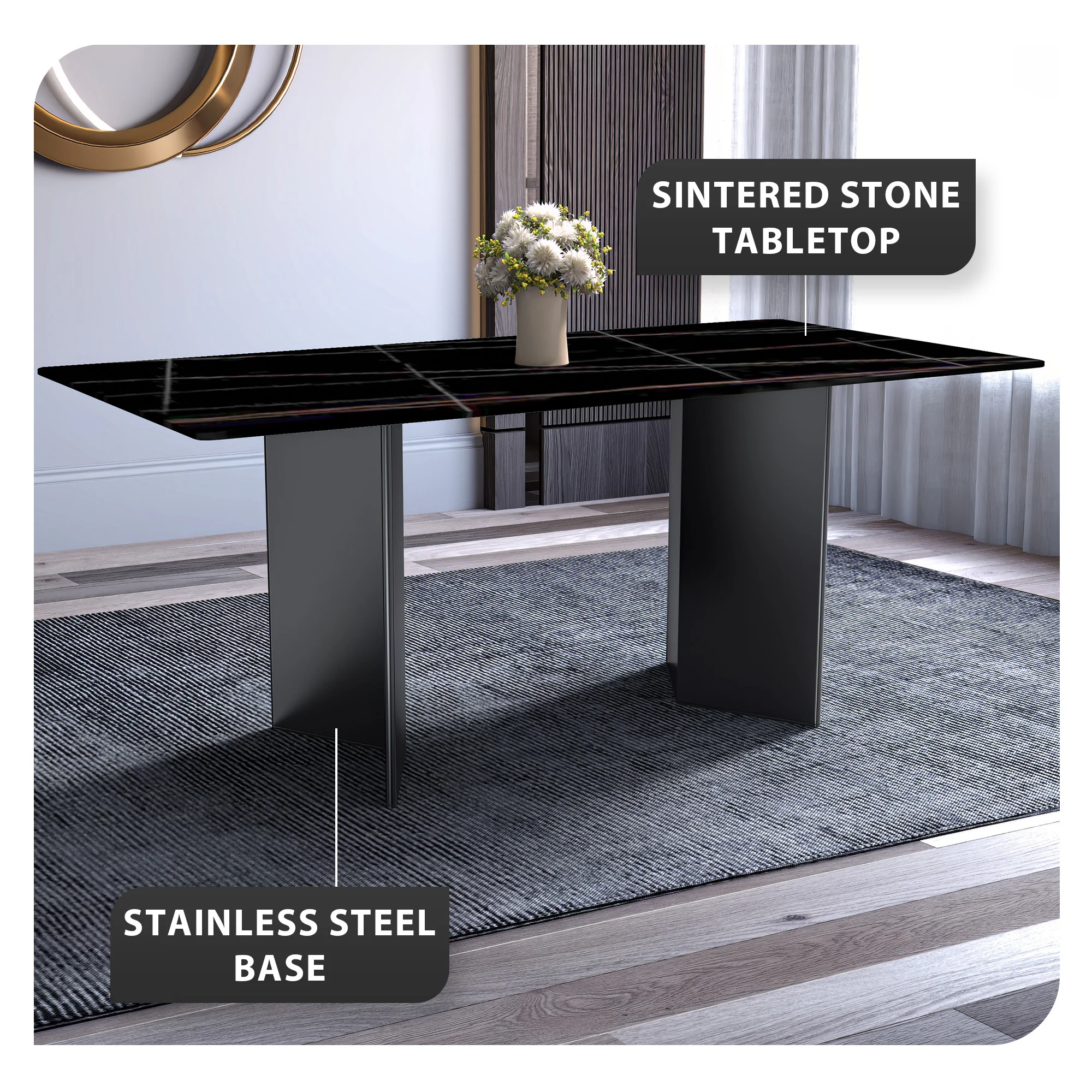 Olyra Series Modern Dining Table Black Stainless Steel Base, With 55 Black/Gold Sintered Stone Top