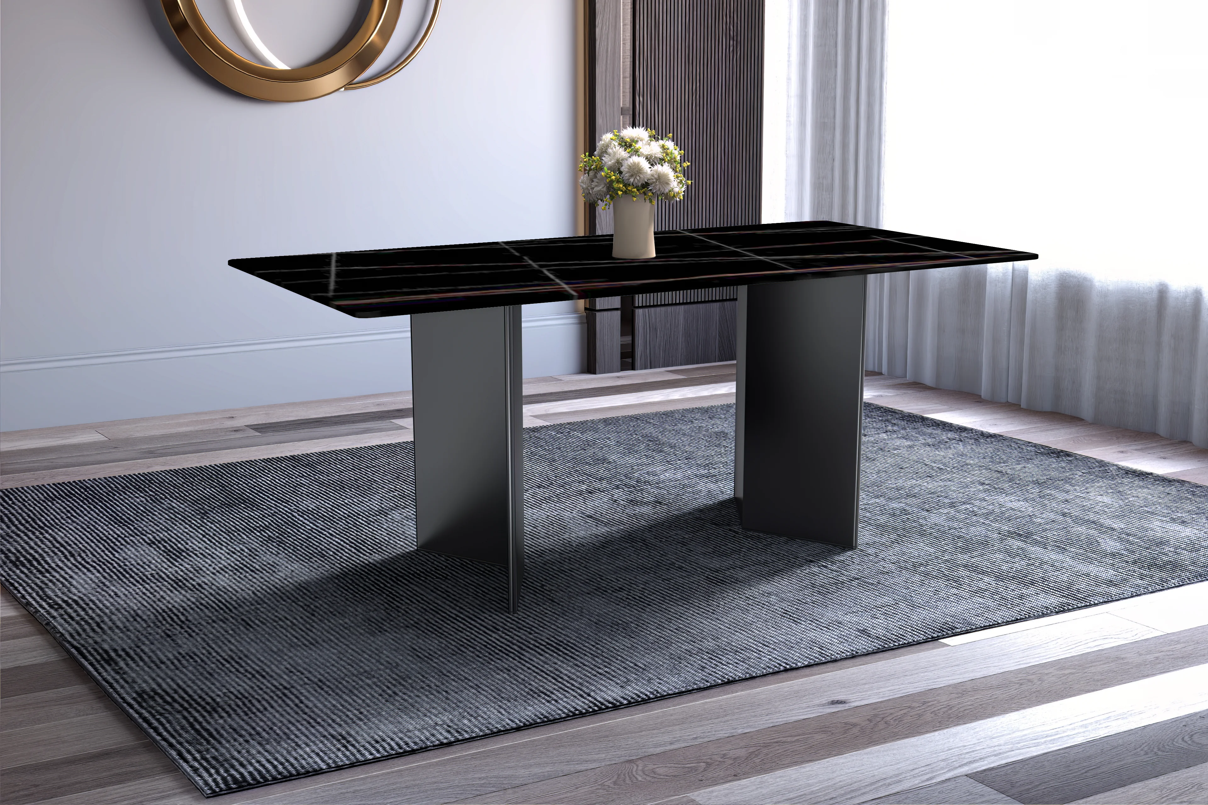 Olyra Series Modern Dining Table Black Stainless Steel Base, With 62 Black/Gold Sintered Stone Top
