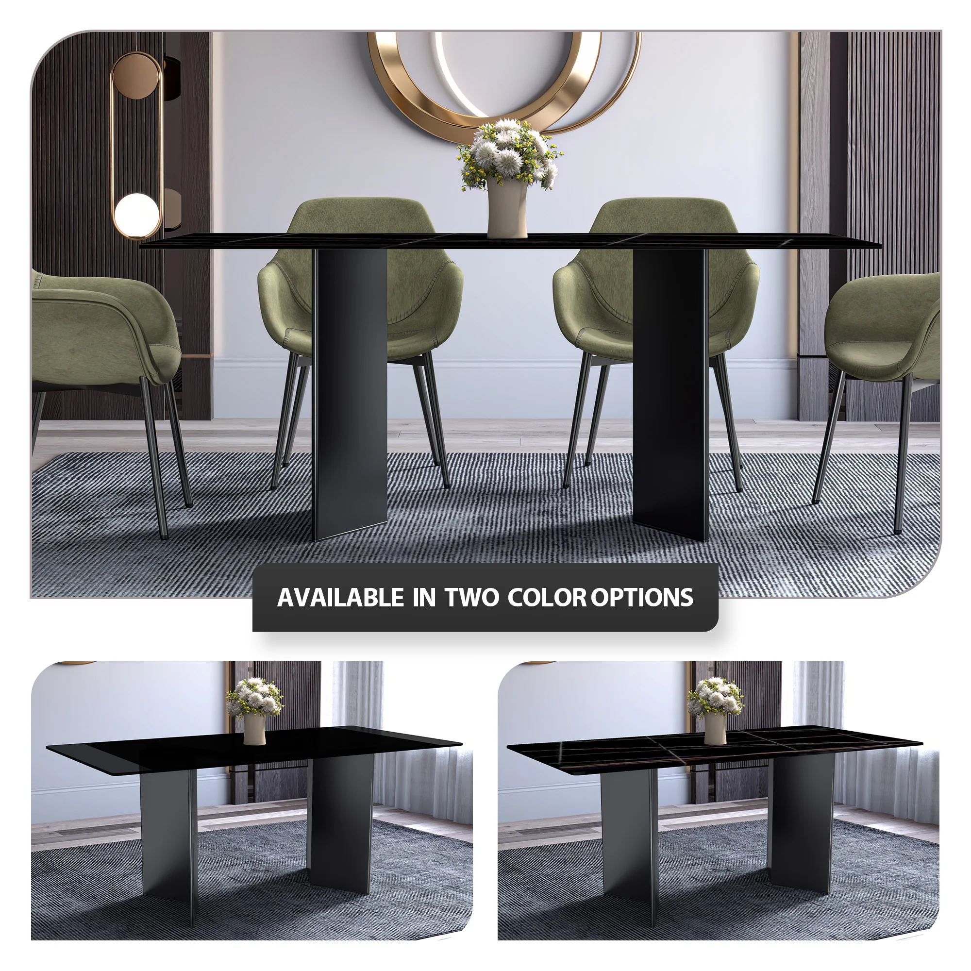 Olyra Series Modern Dining Table Black Stainless Steel Base, With 62 Black/Gold Sintered Stone Top