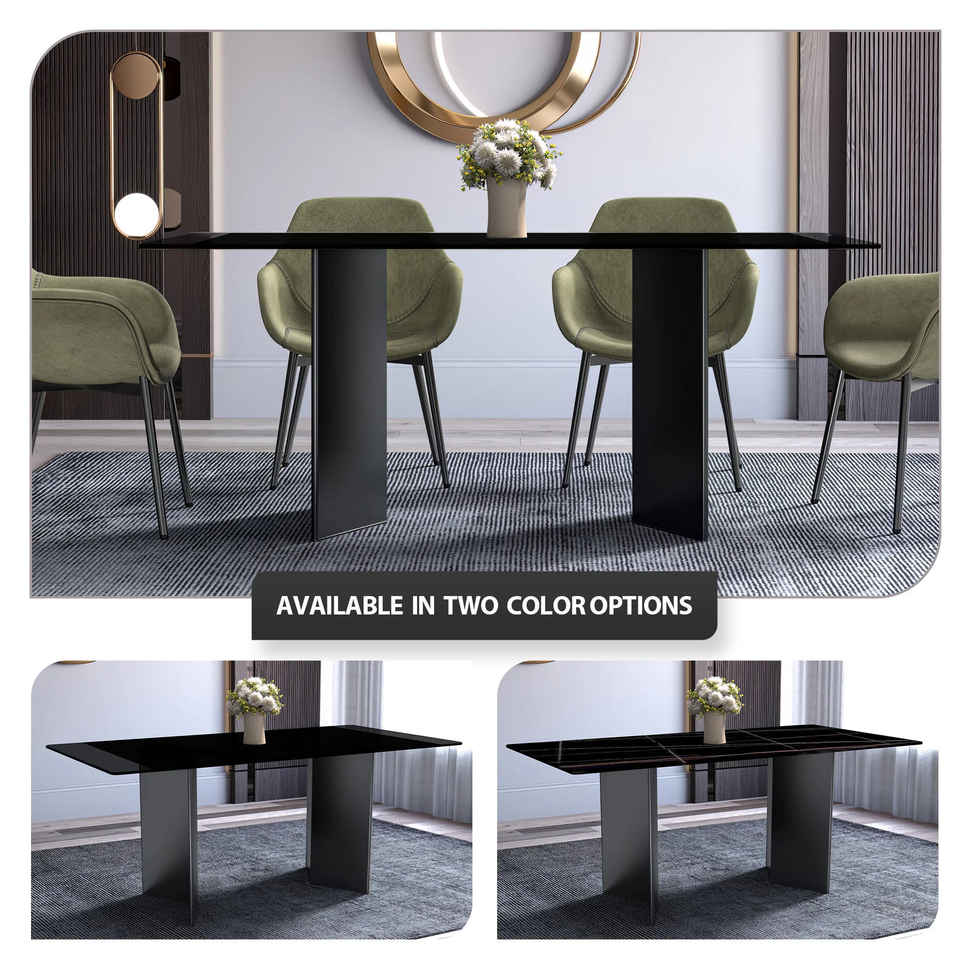 Olyra Series Modern Dining Table Black Stainless Steel Base, With 71 Black Glass Top