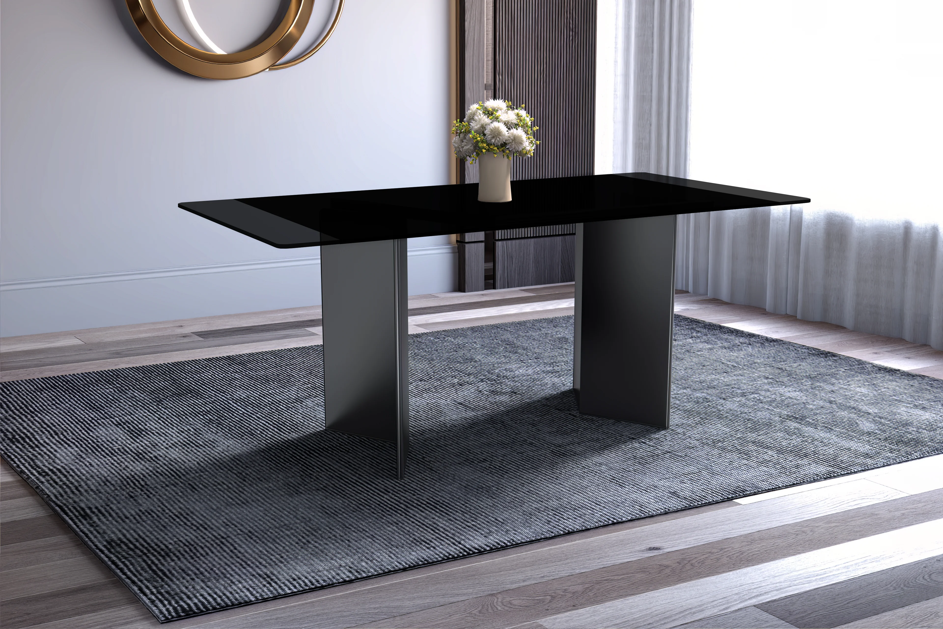 Olyra Series Modern Dining Table Black Stainless Steel Base, With 71 Black Glass Top