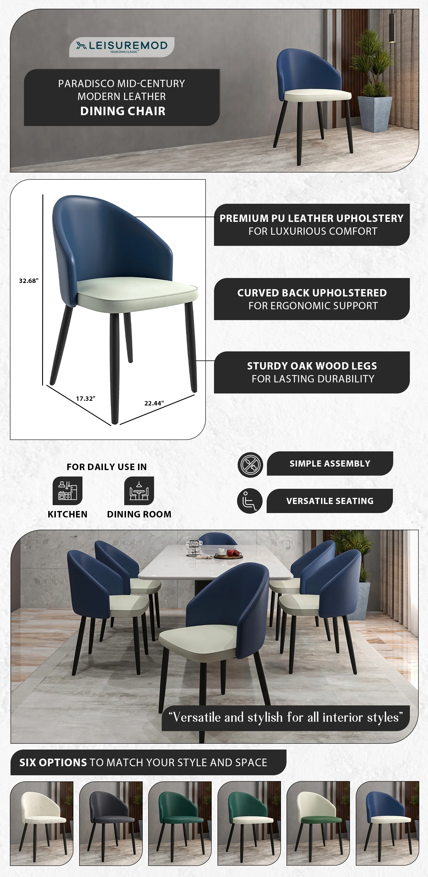Paradiso Collection Modern Dining Seat in Blue with White Seat Set of 4