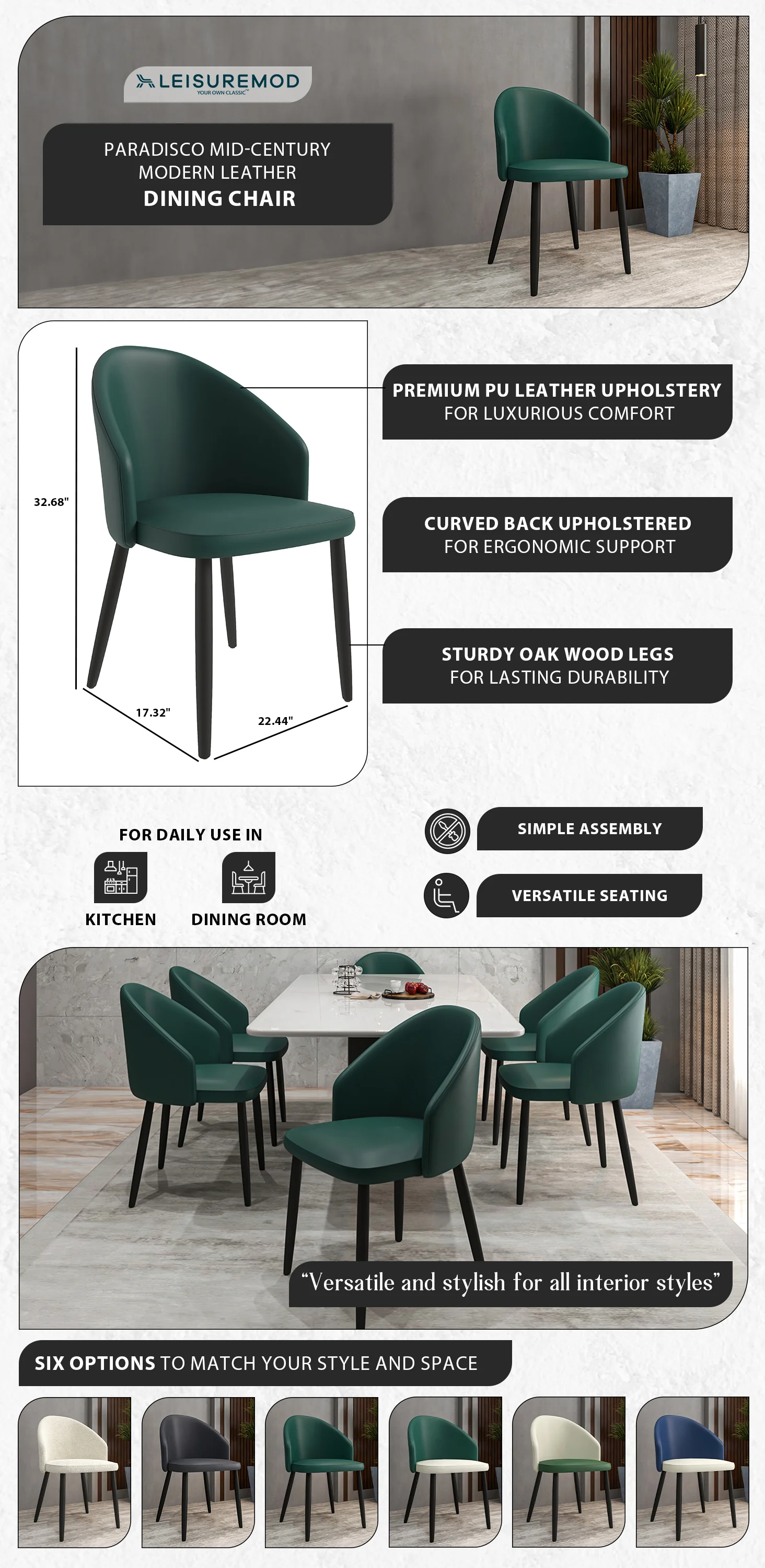 Paradiso Collection Modern Dining Seat in Green Set of 4