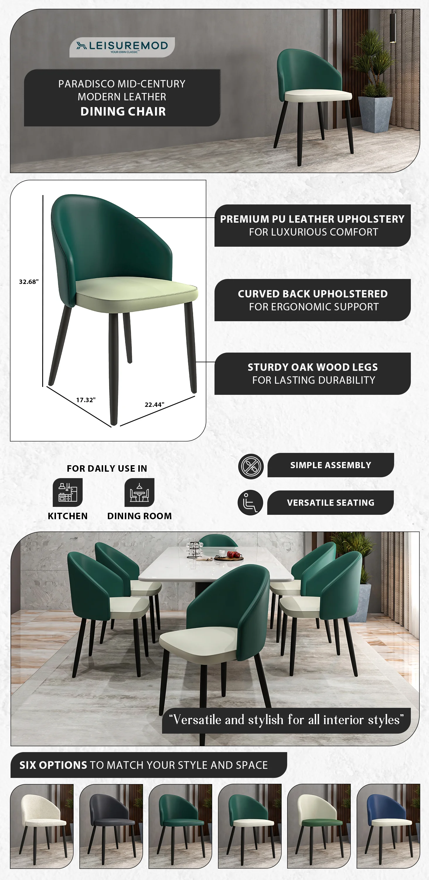Paradiso Collection Modern Dining Seat in Green, with Light Grey Fabric Seat Set of 4
