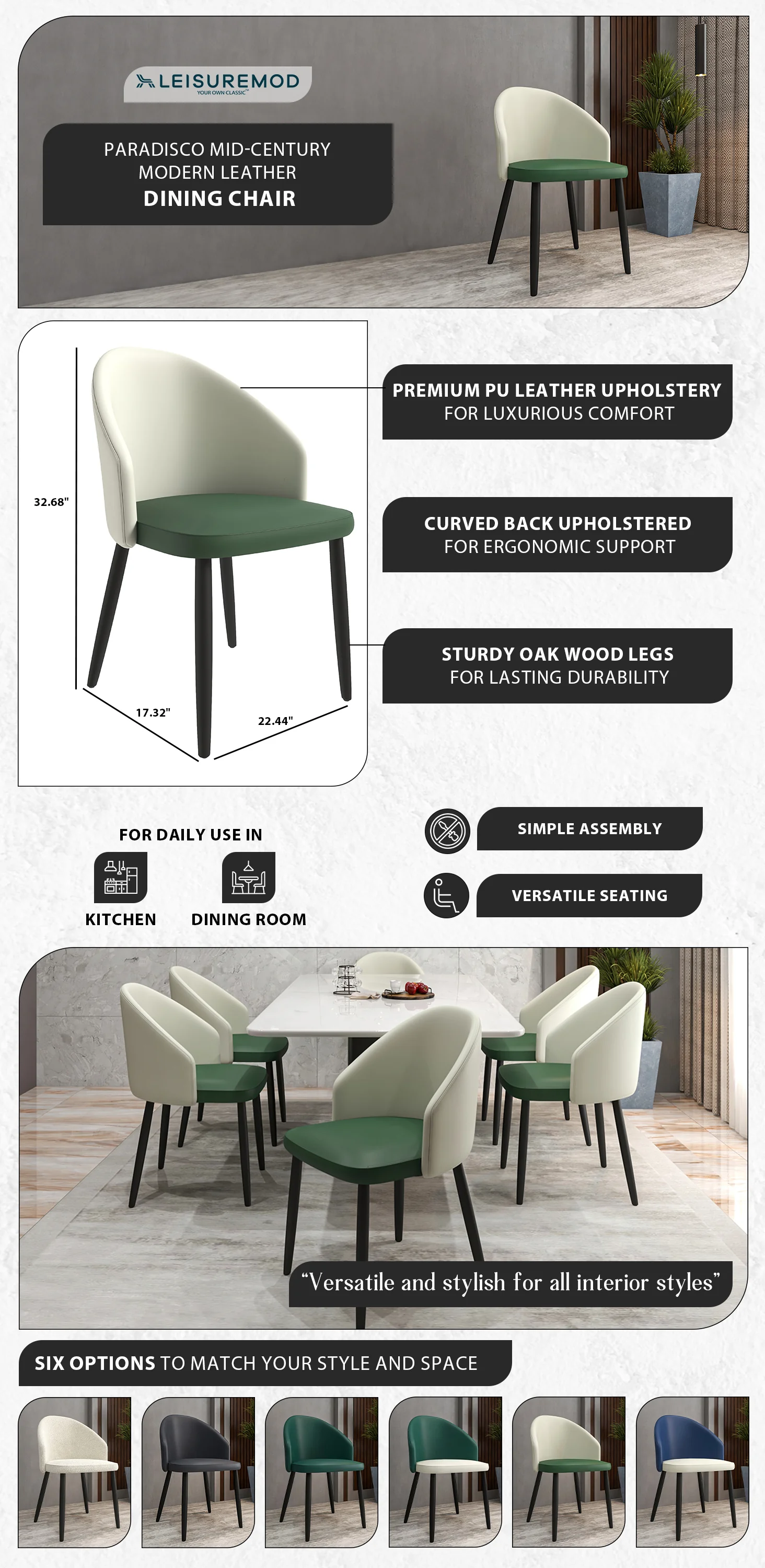 Paradiso Collection Modern Dining Seat in Toupe, with Green Fabric Seat Set of 2