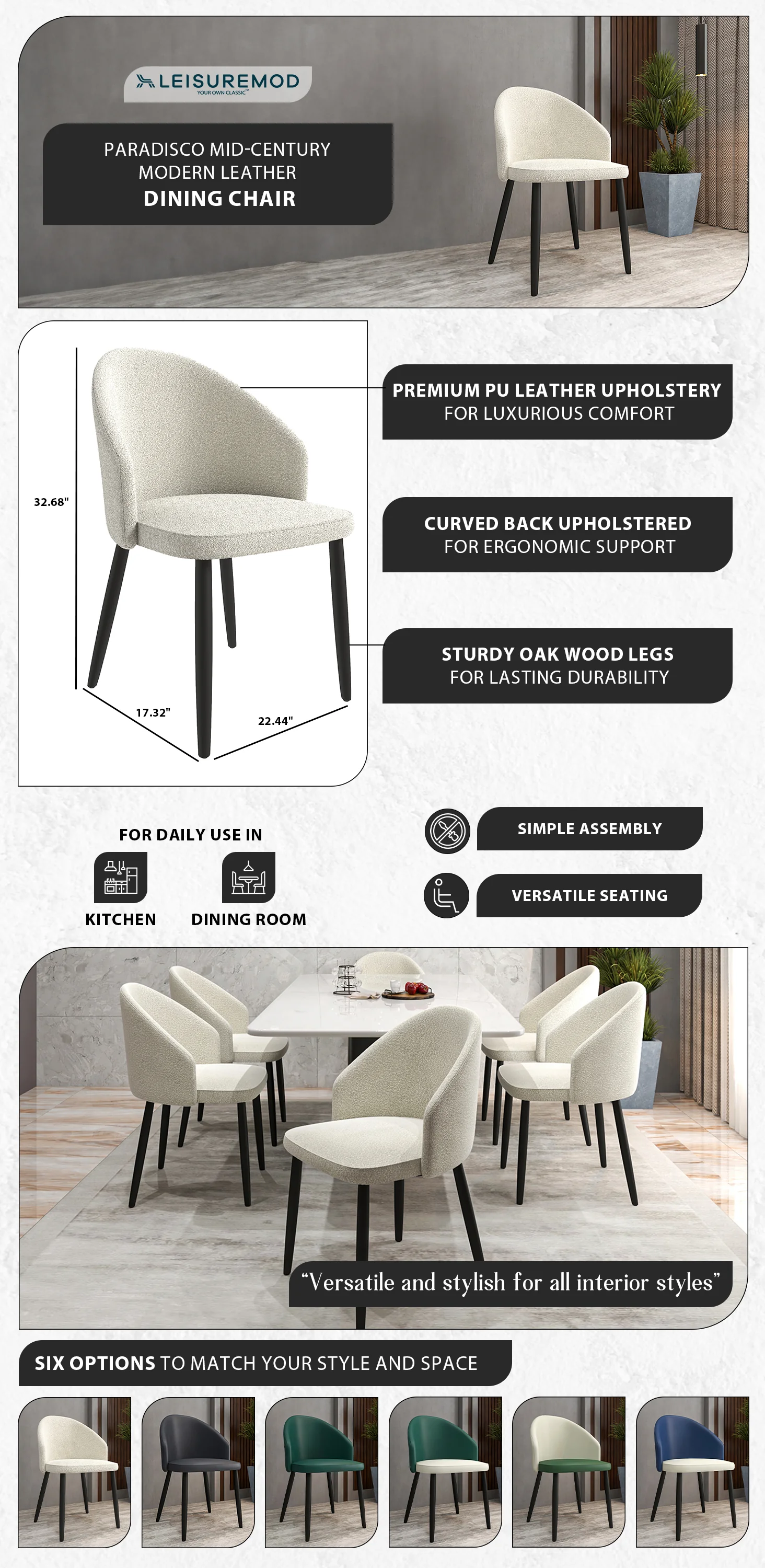 Paradiso Collection Modern Dining Seat in White Boucle Set of 4