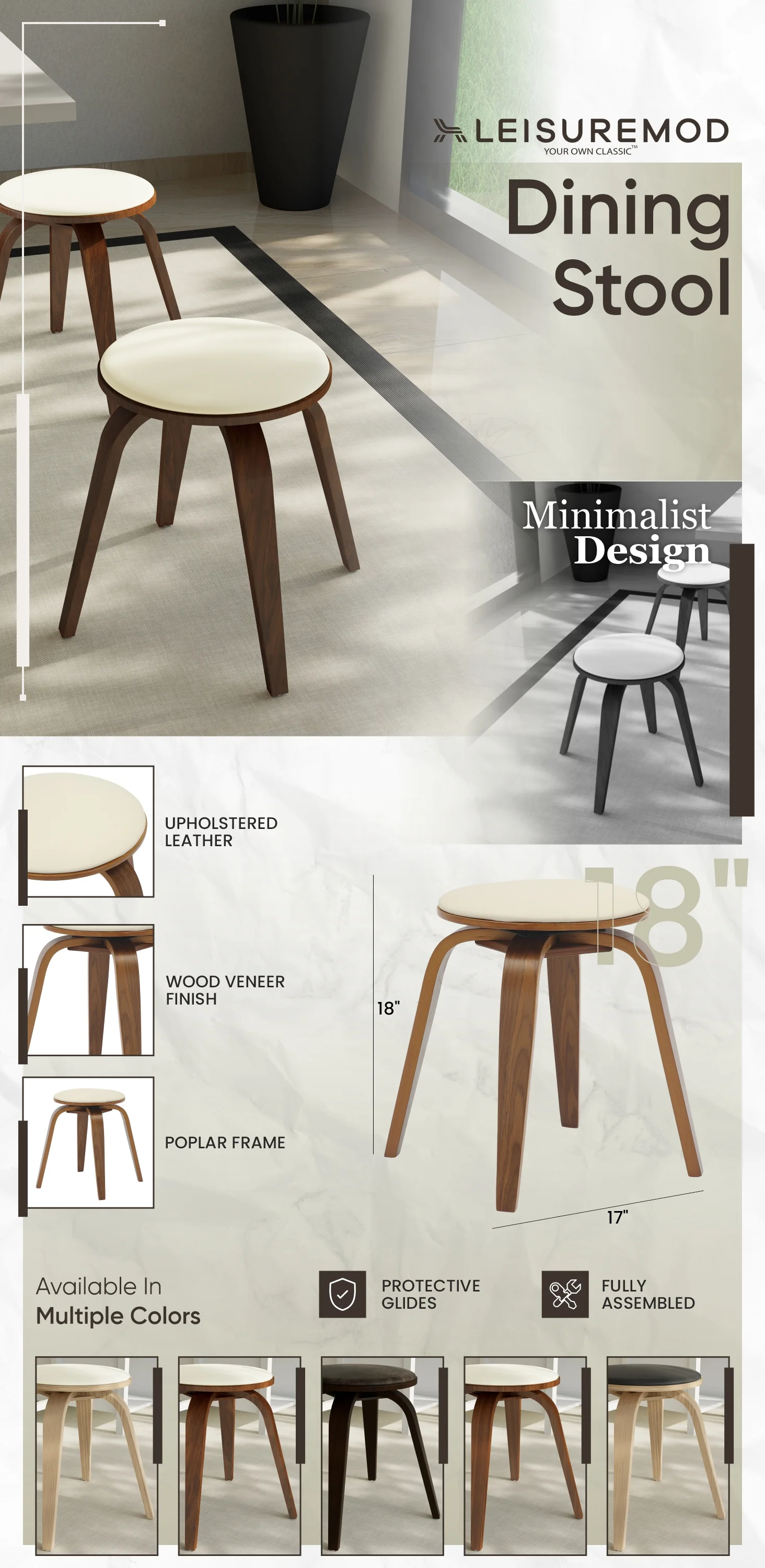 Modern Wooden Dining Stool, Walnut Color in Light Cream, Pelya Collection By LeisureMod