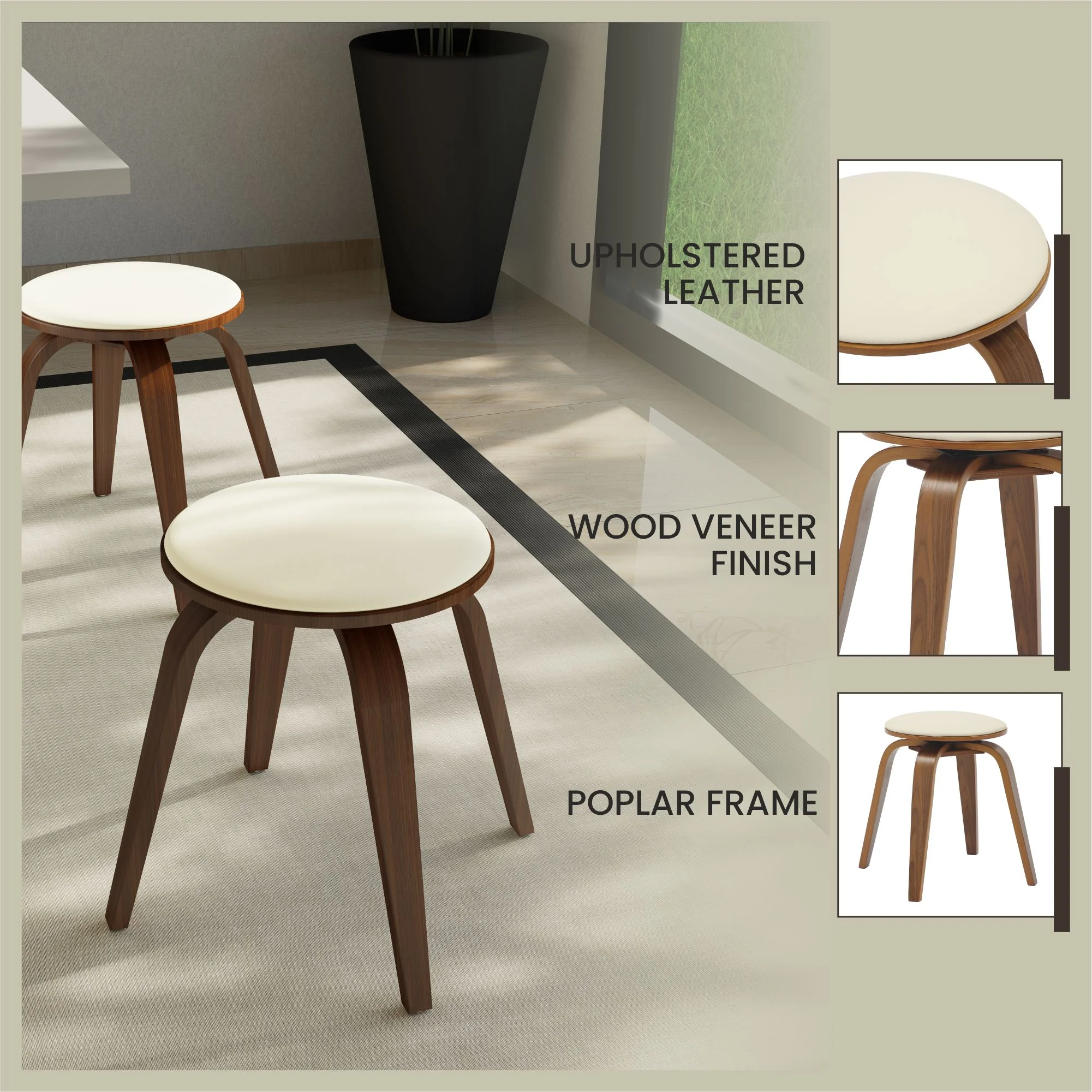 Modern Wooden Dining Stool, Walnut Color in Light Taupe, Pelya Collection By LeisureMod