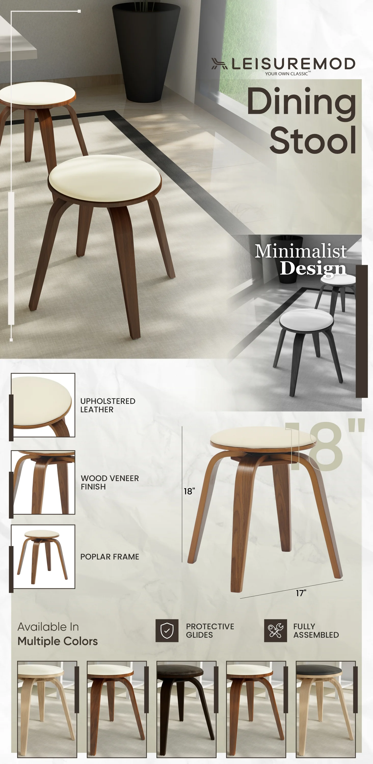Modern Wooden Dining Stool, Walnut Color in Light Taupe, Pelya Collection By LeisureMod