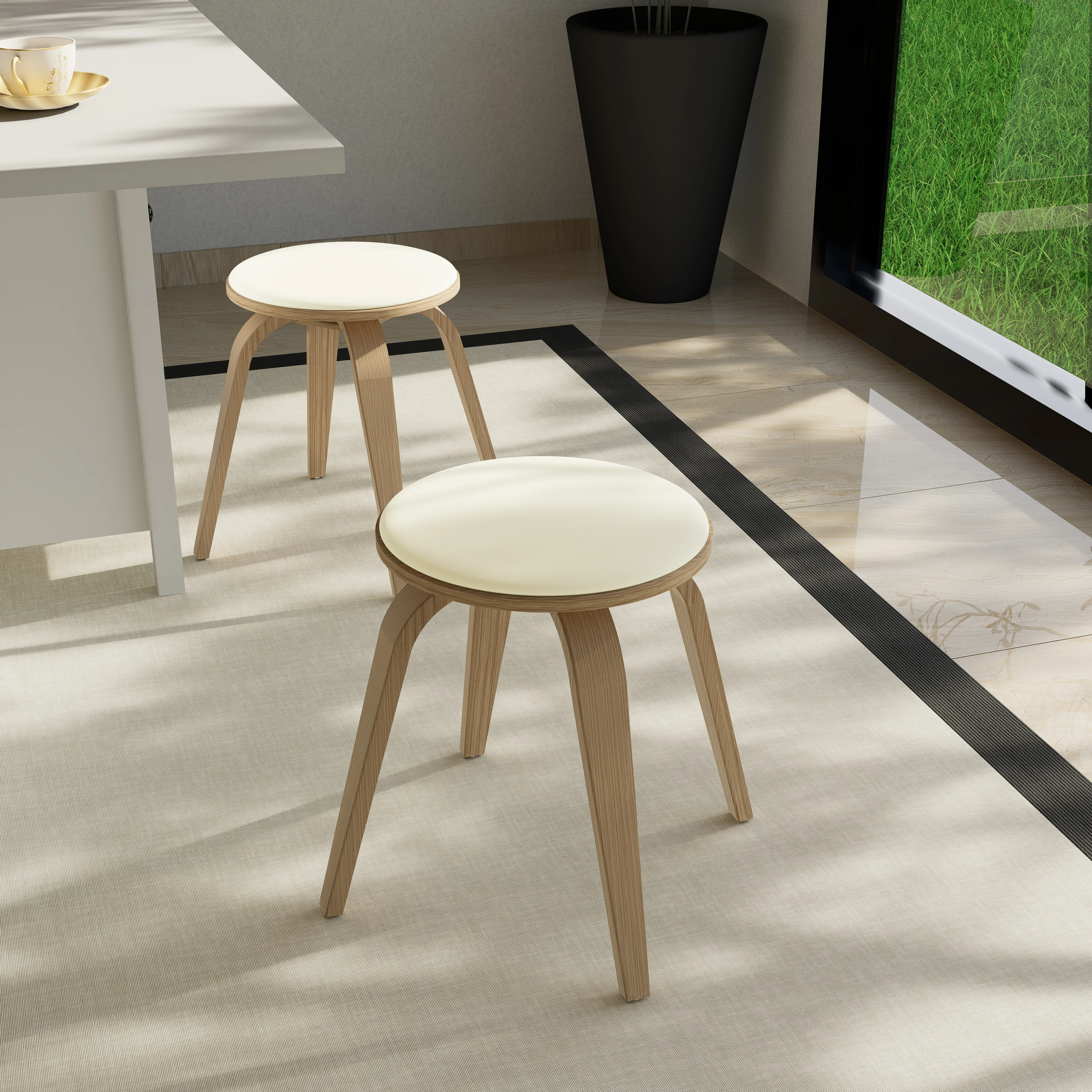 Modern Wooden Dining Stool, Washed Walnut Color in Taupe, Pelya Collection By LeisureMod