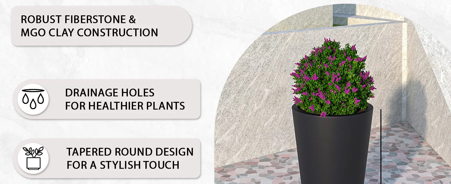Pebble Series Poly Stone Planter 11.8" Dia 19.7" High in Black