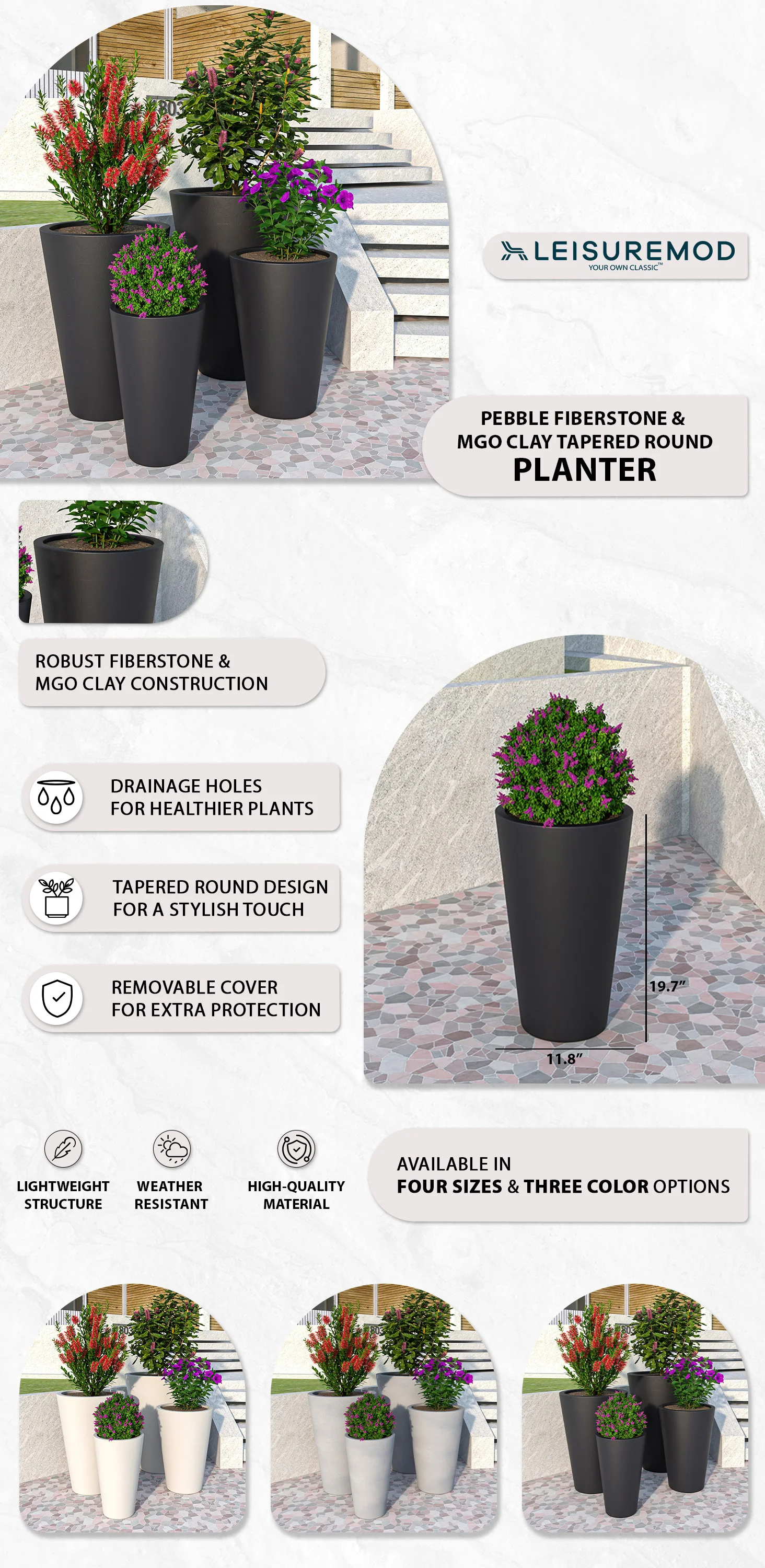 Pebble Series Poly Stone Planter 11.8" Dia 19.7" High in Black