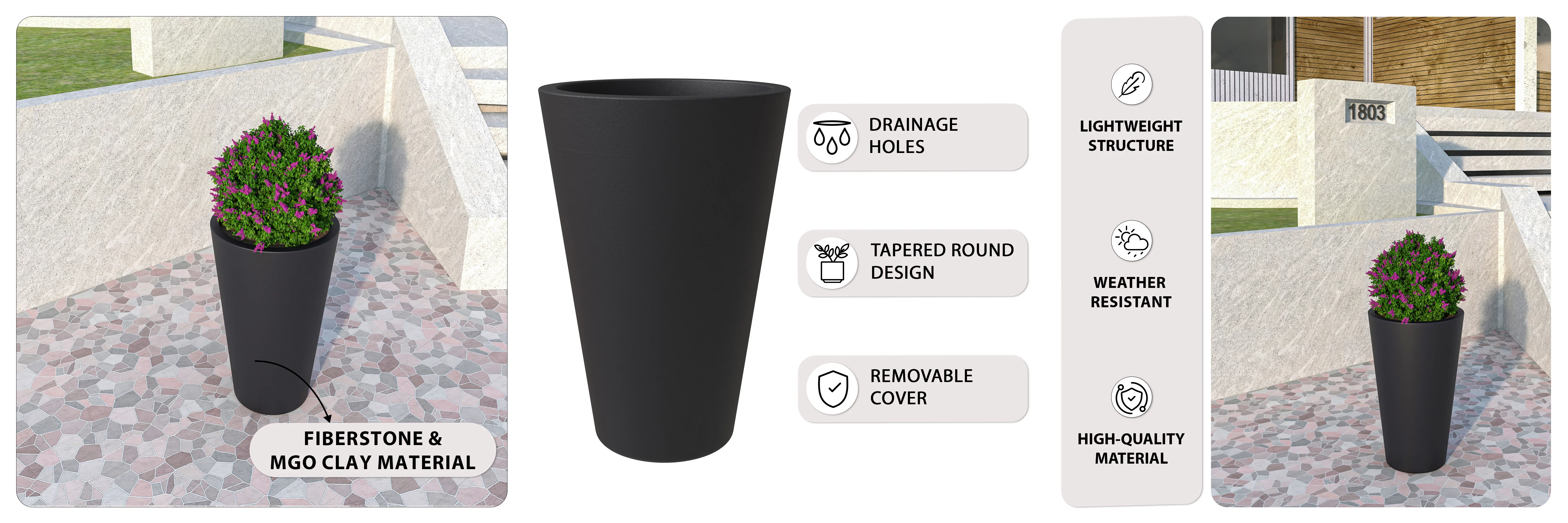 Pebble Series Poly Stone Planter 11.8" Dia 19.7" High in Black