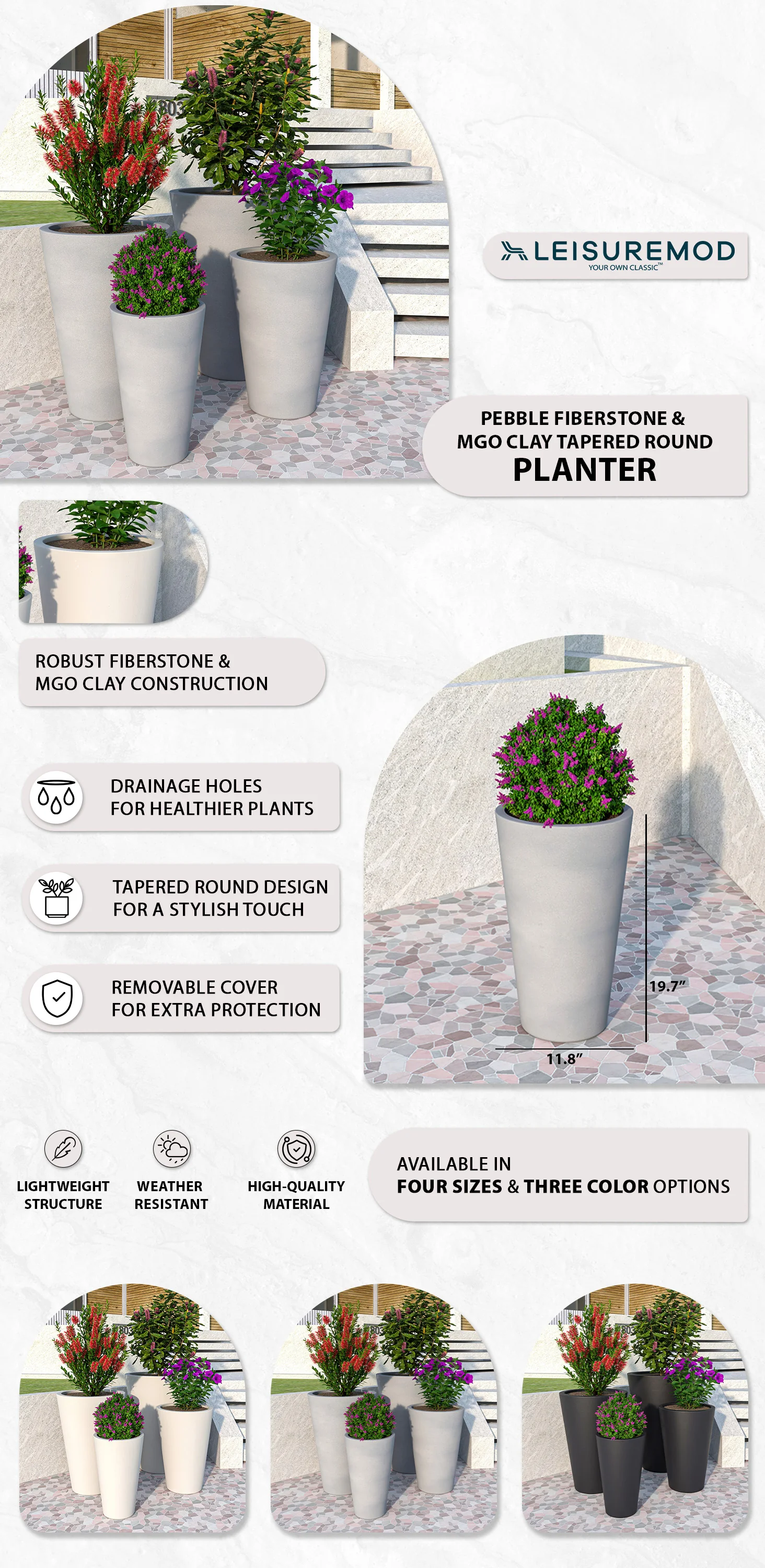 Pebble Series Poly Stone Planter 11.8" Dia 19.7" High in Grey