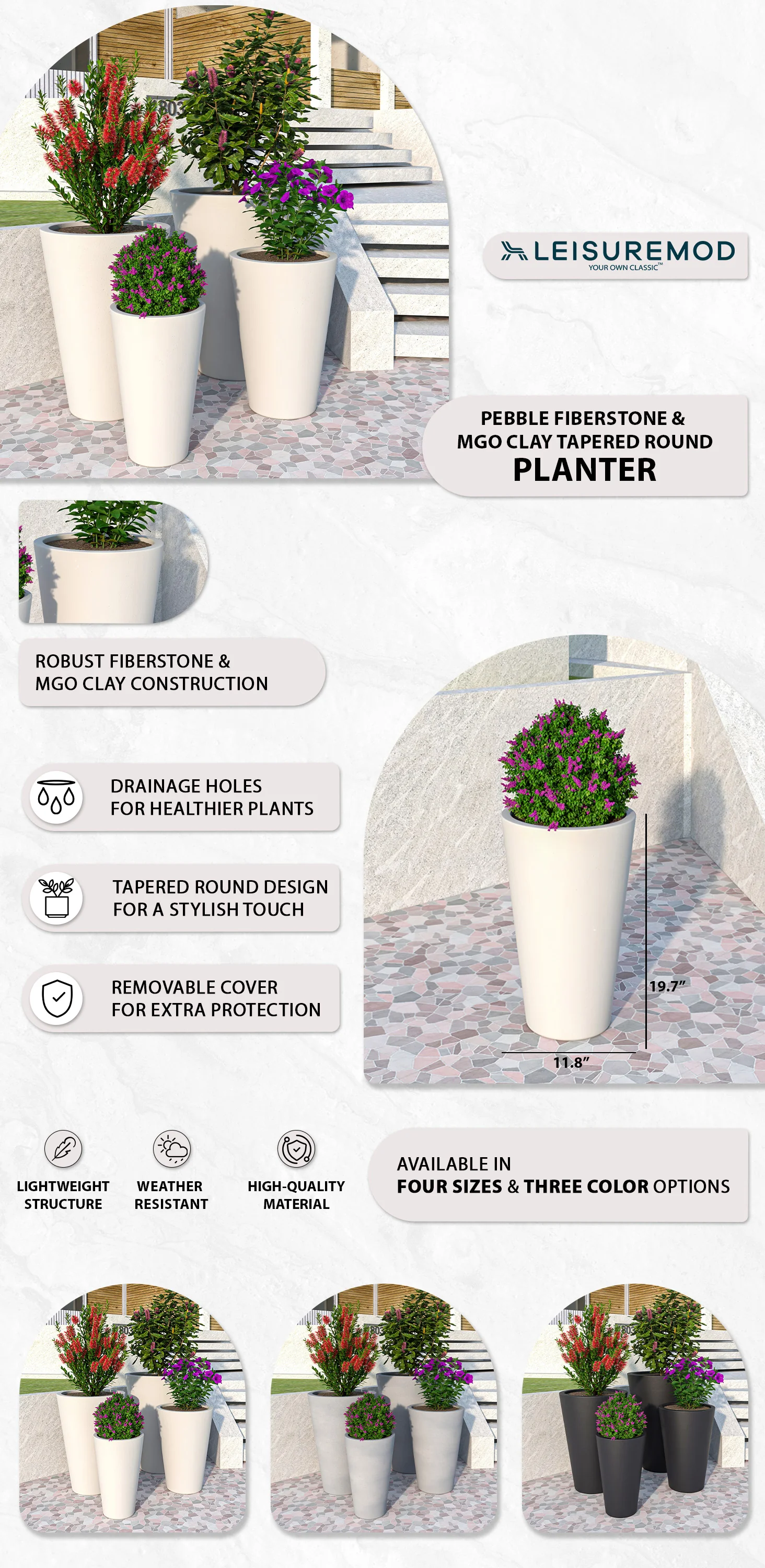 Pebble Series Poly Stone Planter 11.8" Dia 19.7" High in White