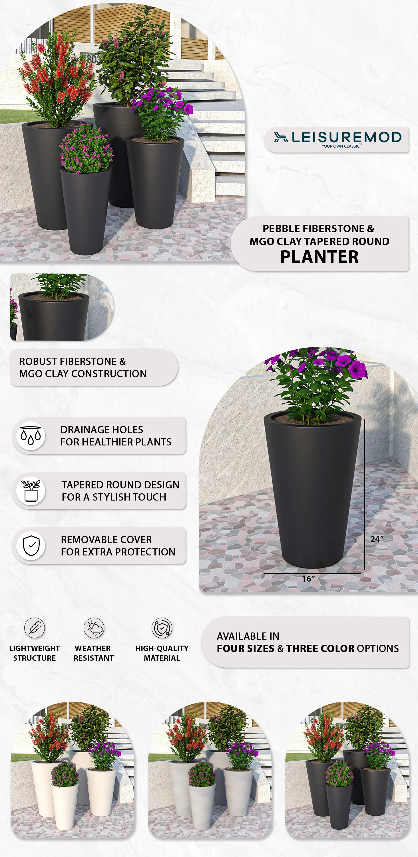 Pebble Series Poly Stone Planter 15.7." Dia 23.6" High in Black