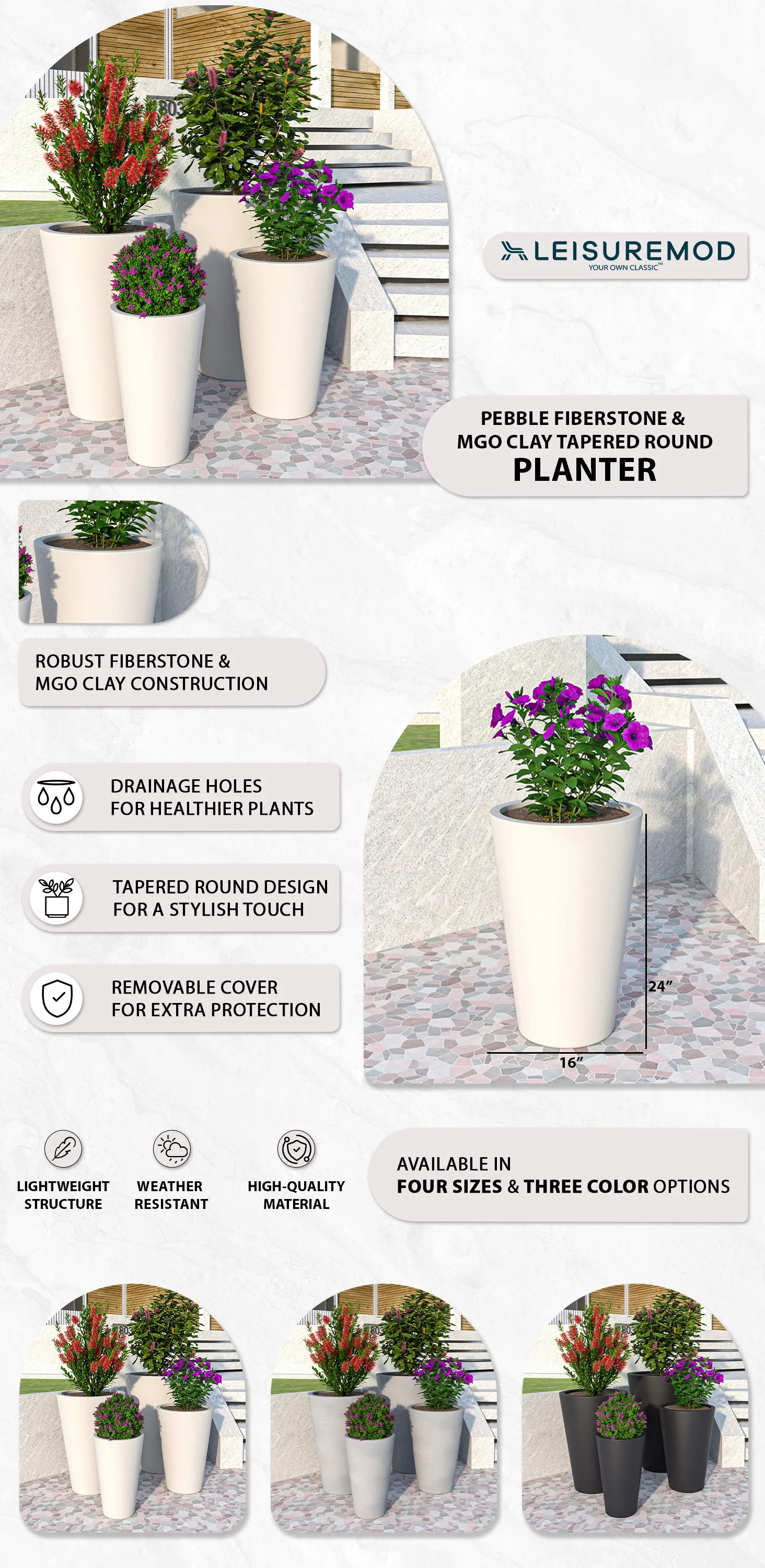 Pebble Series Poly Stone Planter 15.7." Dia 23.6" High in White