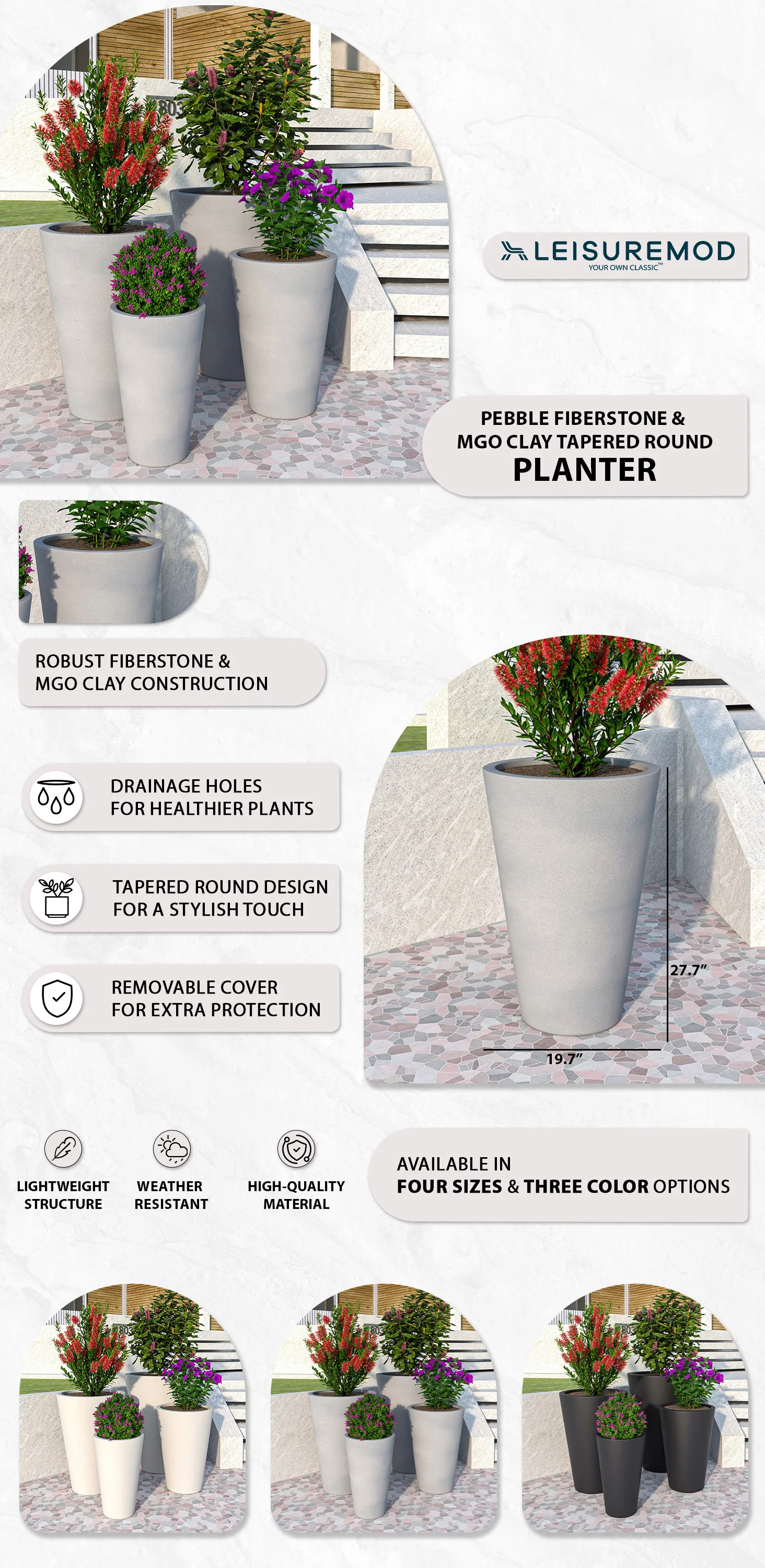 Pebble Series Poly Stone Planter 19.7." Dia 27.6" High in Grey