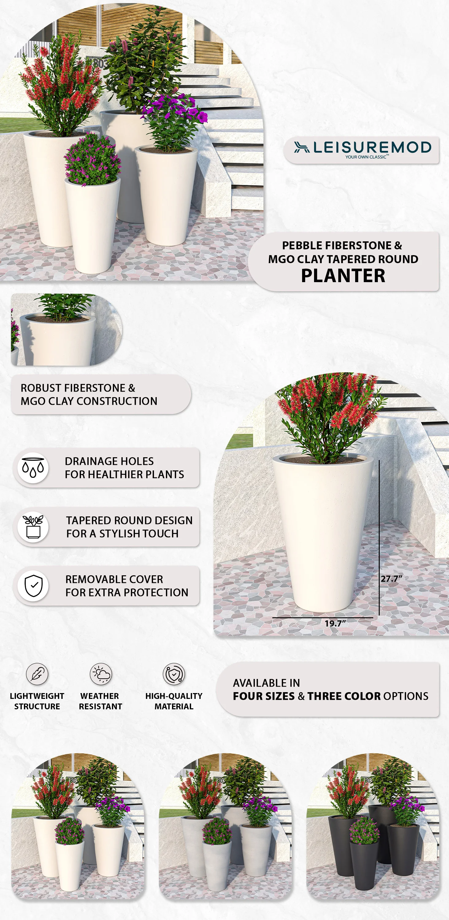 Pebble Series Poly Stone Planter 19.7." Dia 27.6" High in White