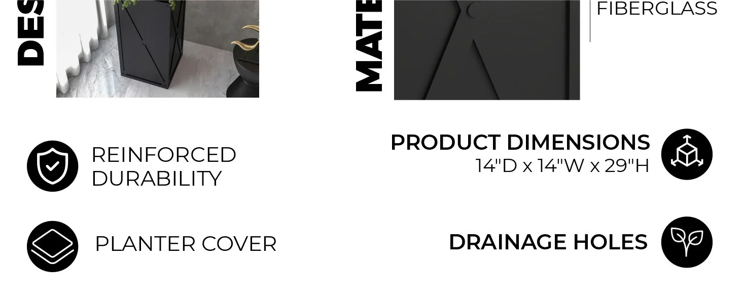 Papyrus Series Rectangle Fiber Stone Planter in Black 14.2 x 14.2, 29 High