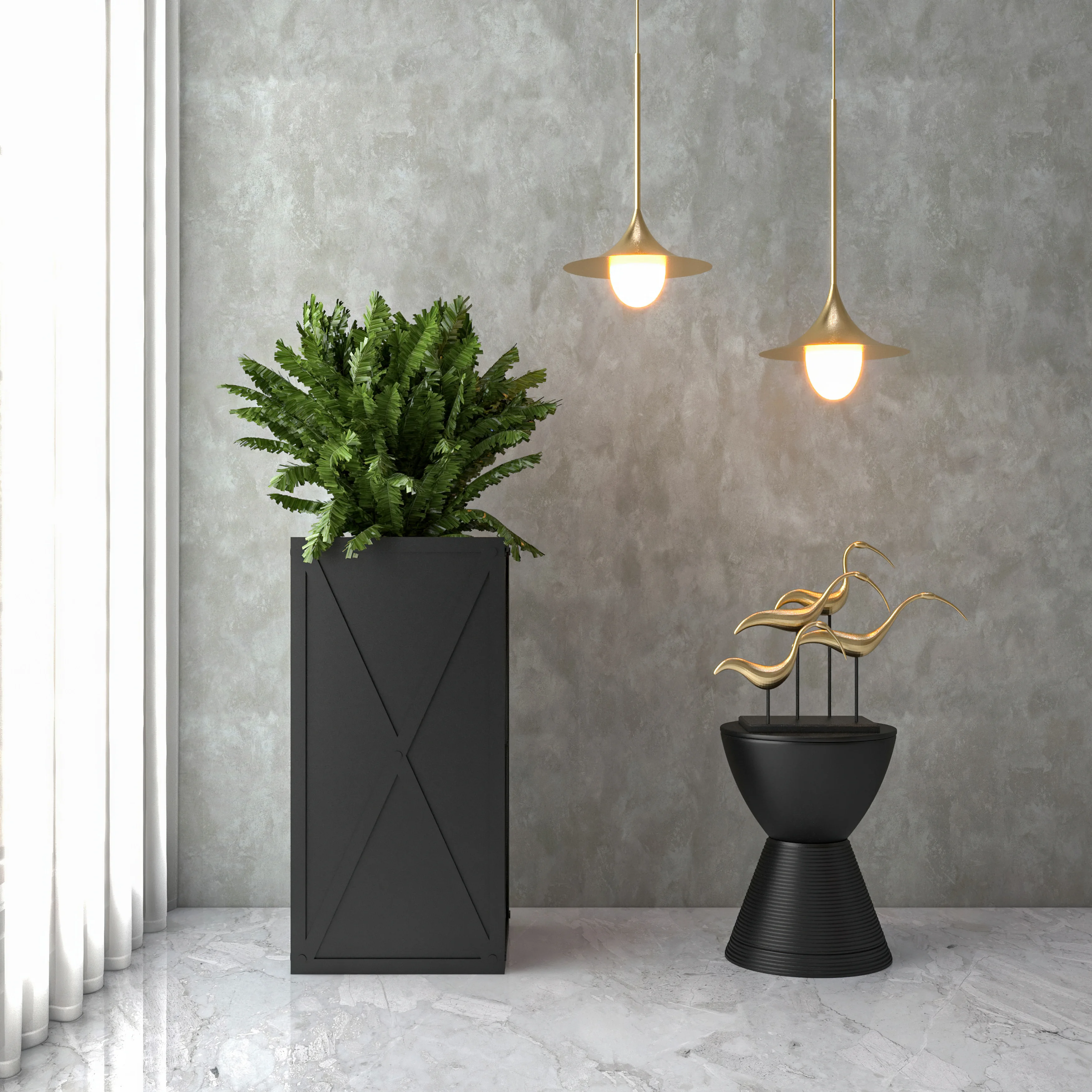 Papyrus Series Rectangle Fiber Stone Planter in Black 14.2 x 14.2, 29 High