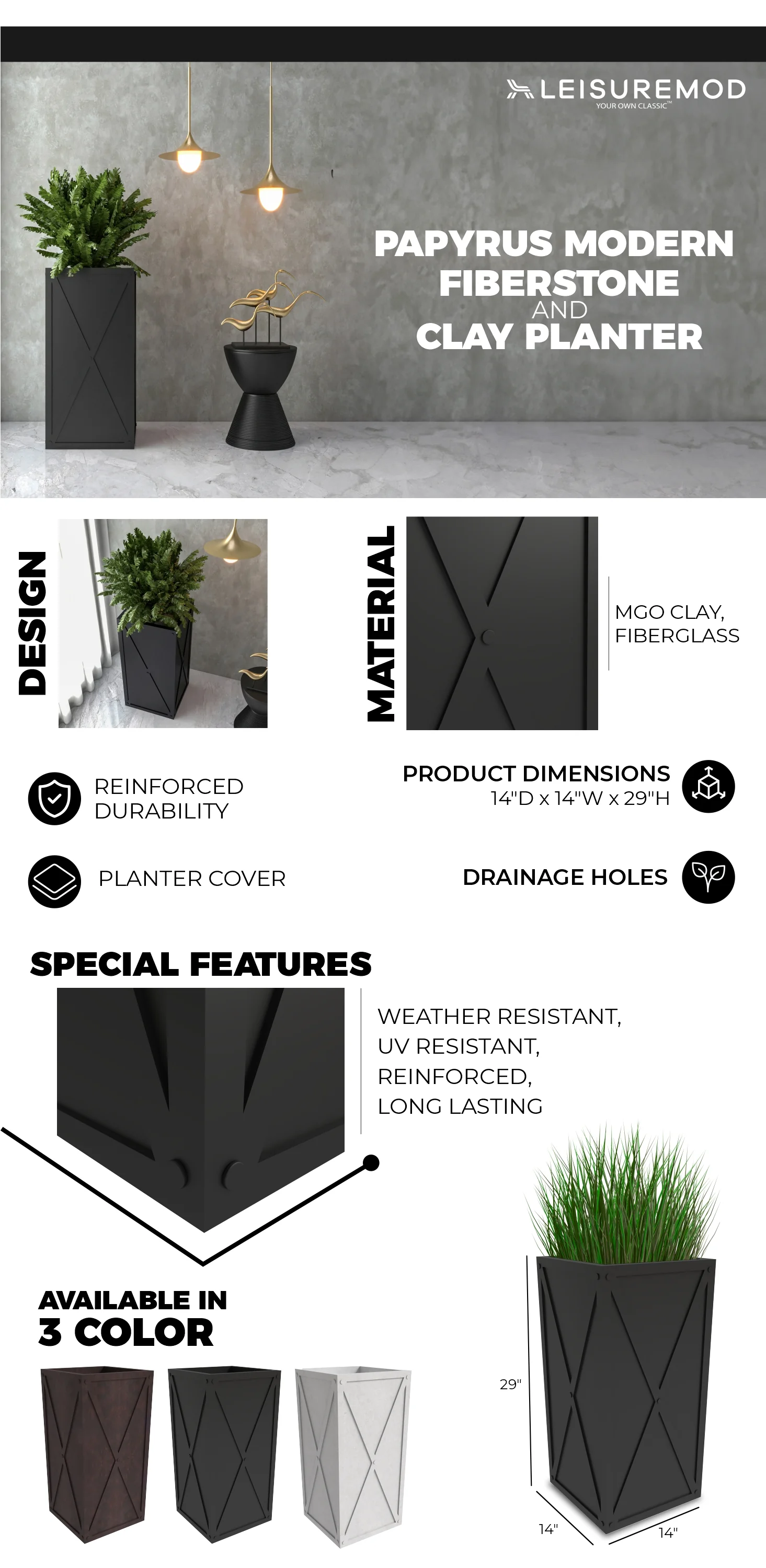 Papyrus Series Rectangle Fiber Stone Planter in Black 14.2 x 14.2, 29 High