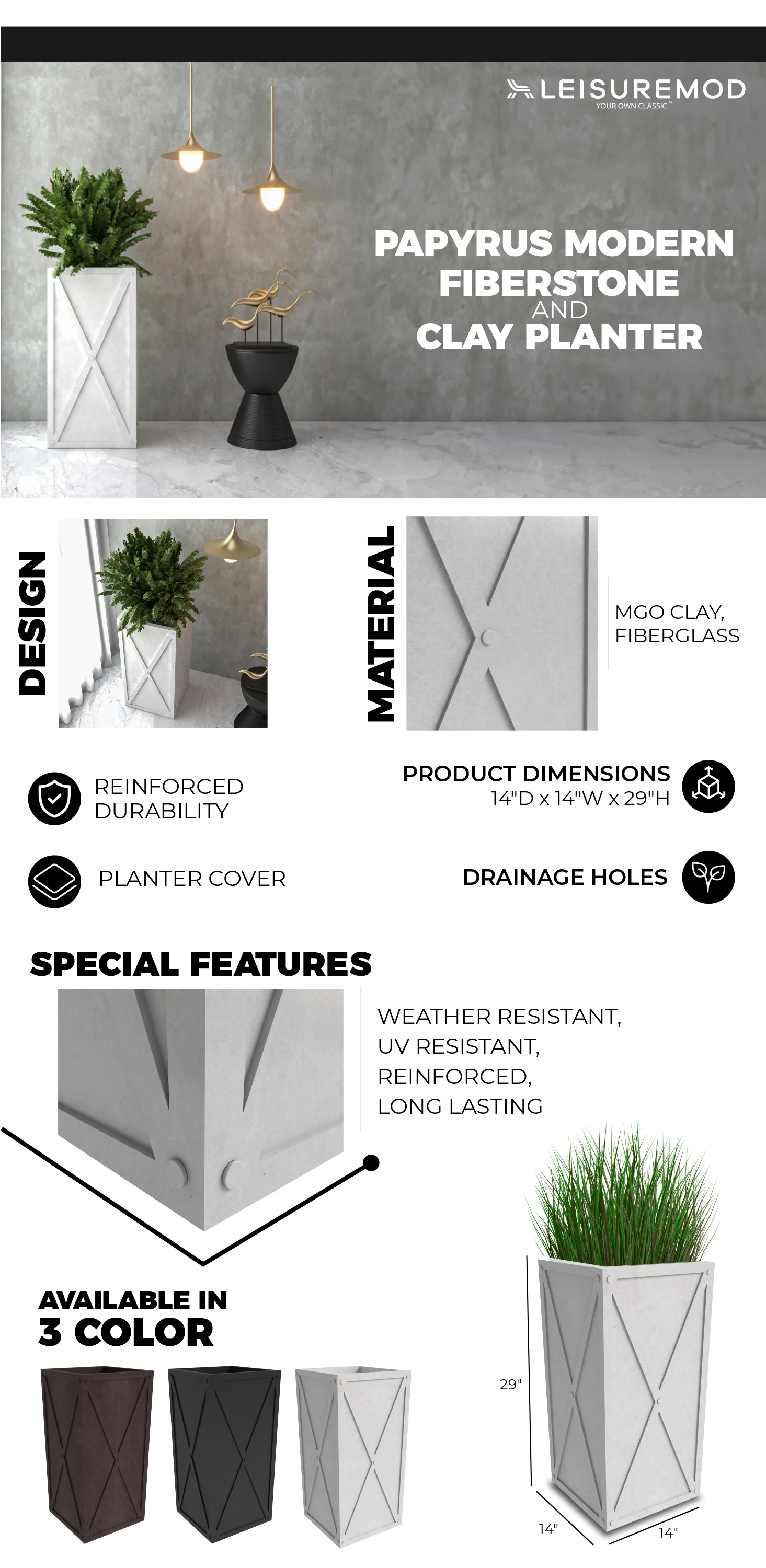 Papyrus Series Rectangle Fiber Stone Planter in White 14.2 x 14.2, 29 High