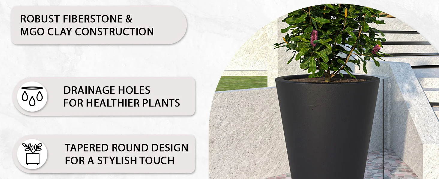 Pebble Series Poly Stone Planter 23.6." Dia 31.5" High in Black