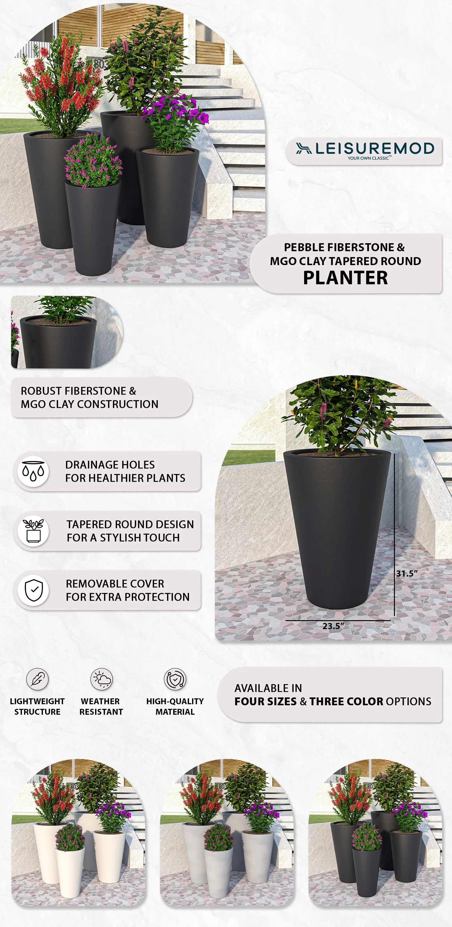 Pebble Series Poly Stone Planter 23.6." Dia 31.5" High in Black