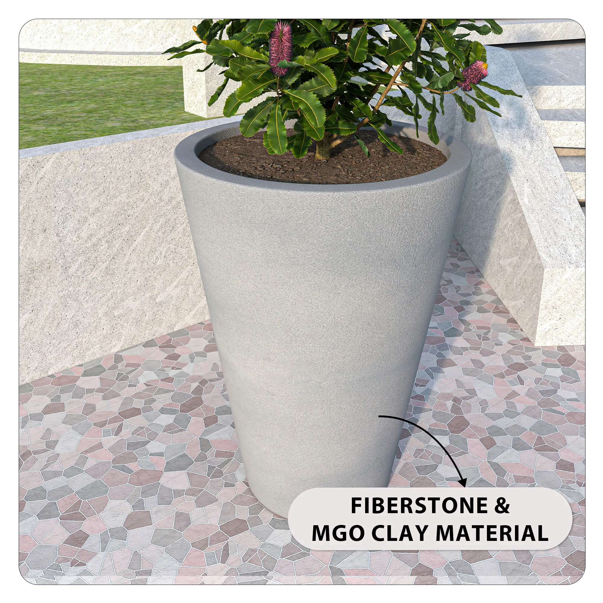 Pebble Series Poly Stone Planter 23.6." Dia 31.5" High in Grey