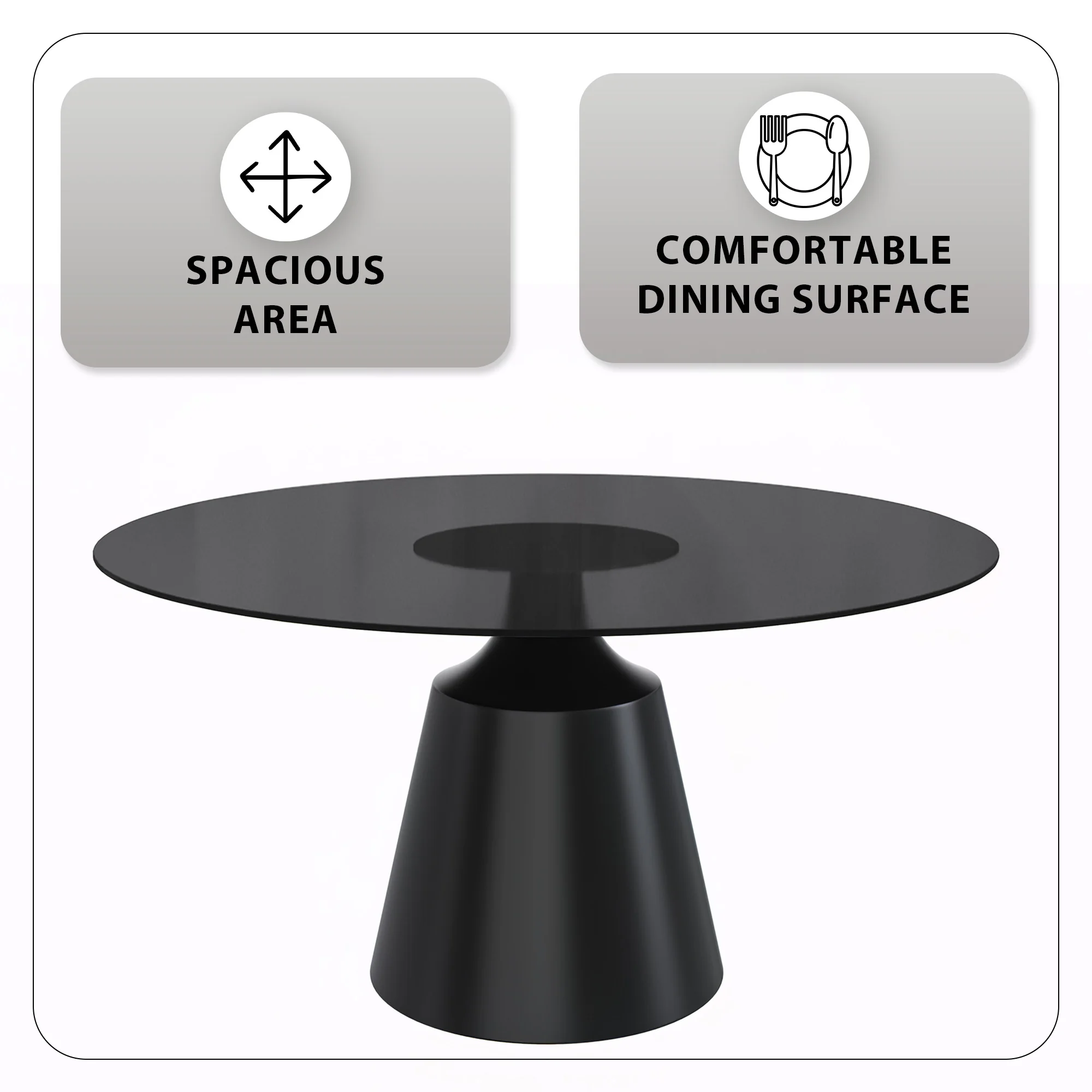 Prynn Series Round Dining Table Black Base with 60 Round Black Glass Top