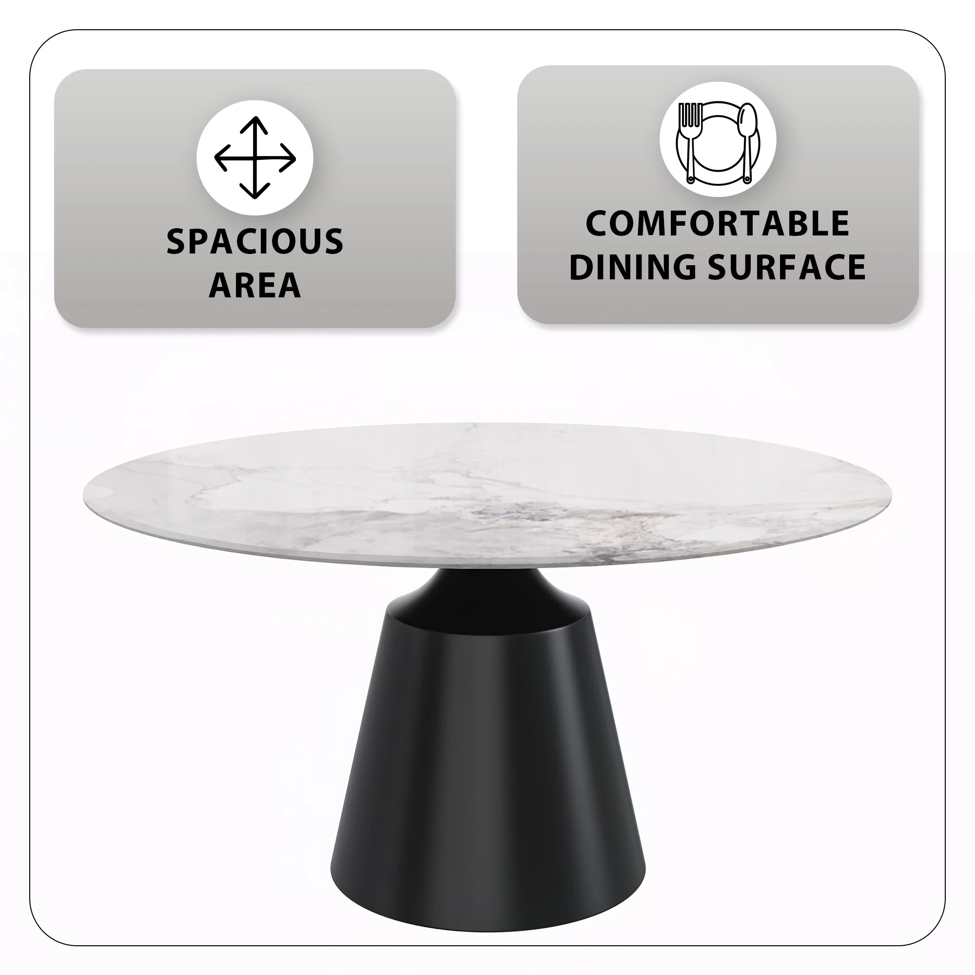 Prynn Series Round Dining Table Black Base with 60 Round White Grey Sintered Stone Top