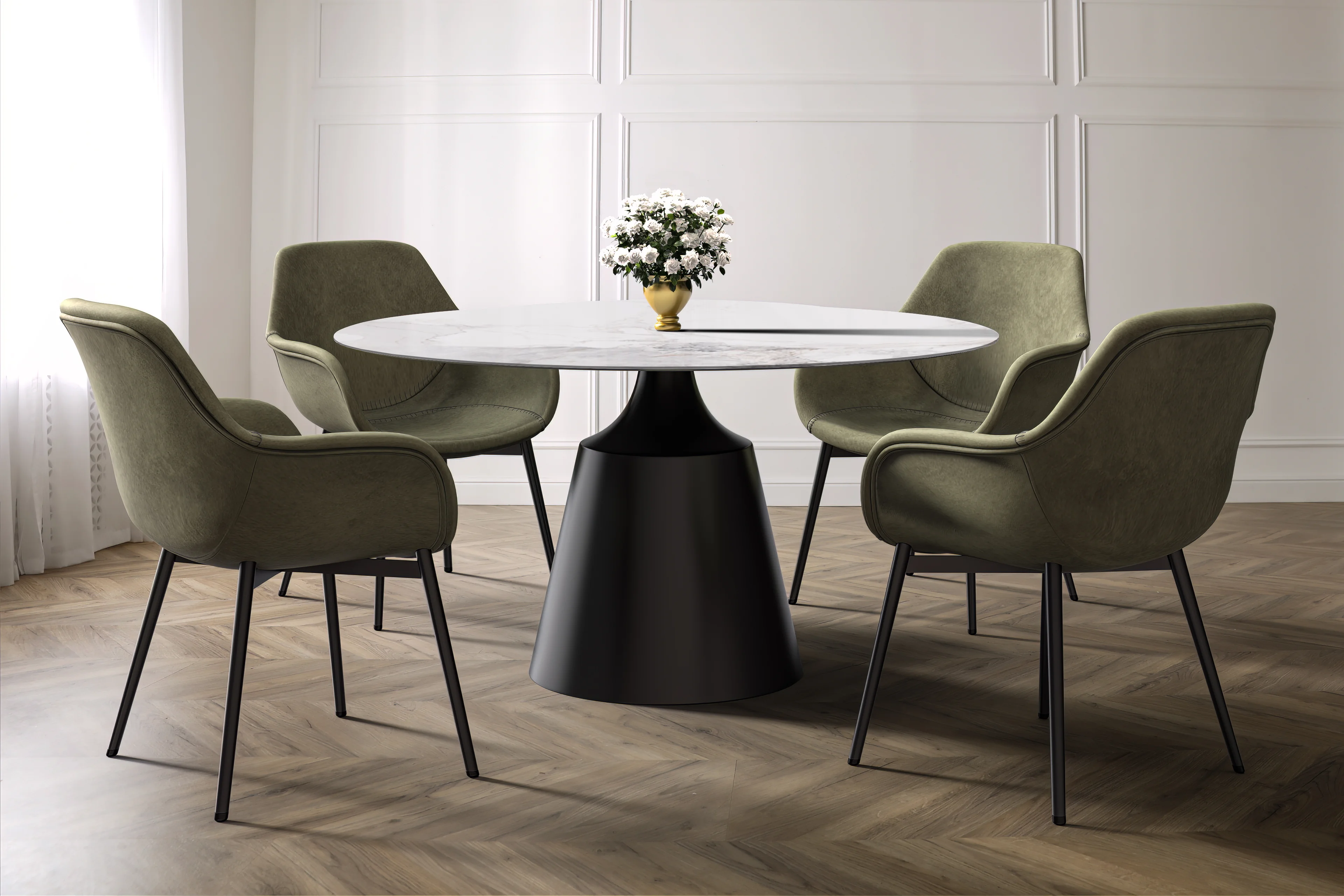 Prynn Series Round Dining Table Black Base with 60 Round White Grey Sintered Stone Top