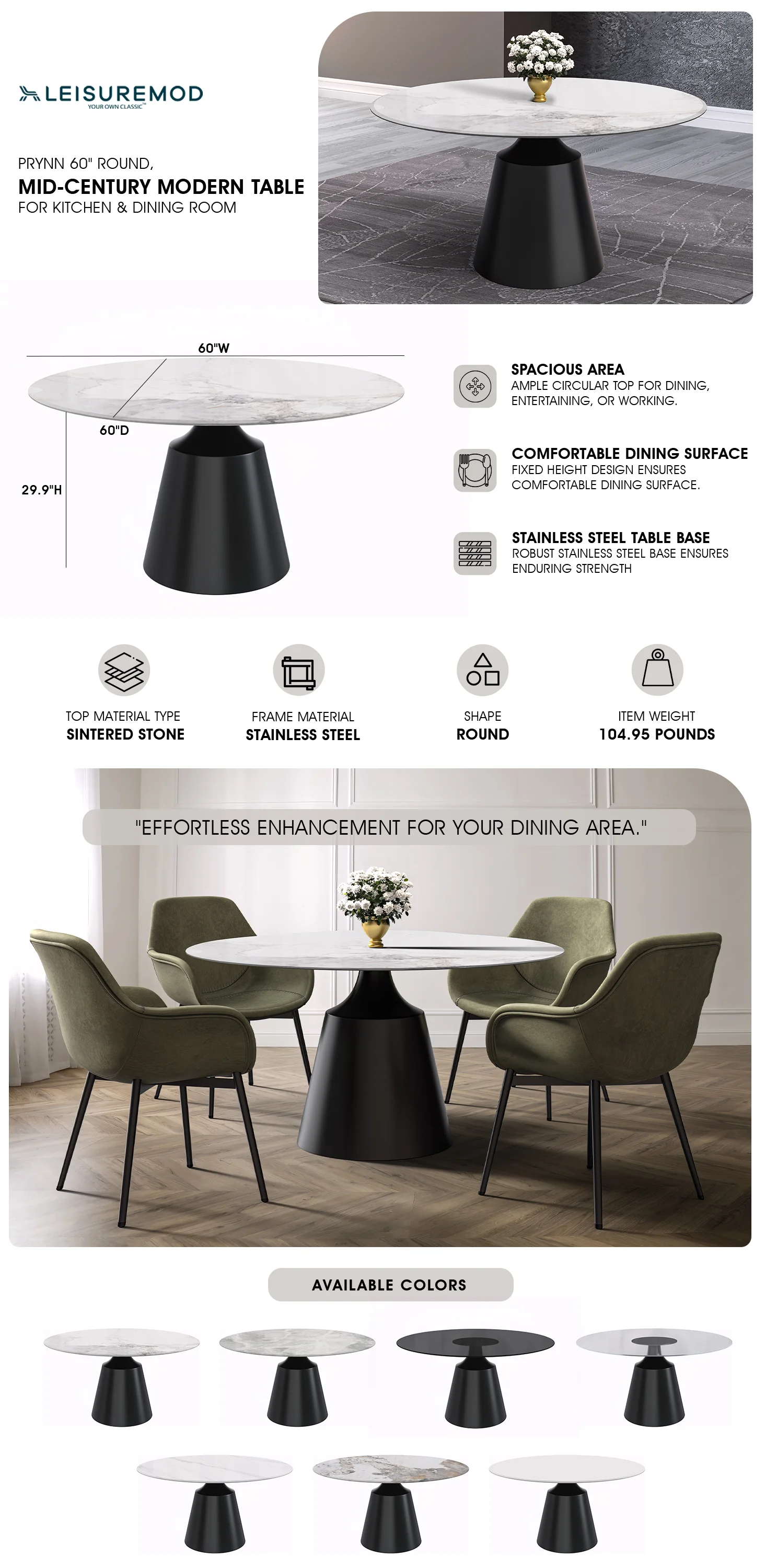 Prynn Series Round Dining Table Black Base with 60 Round White Grey Sintered Stone Top