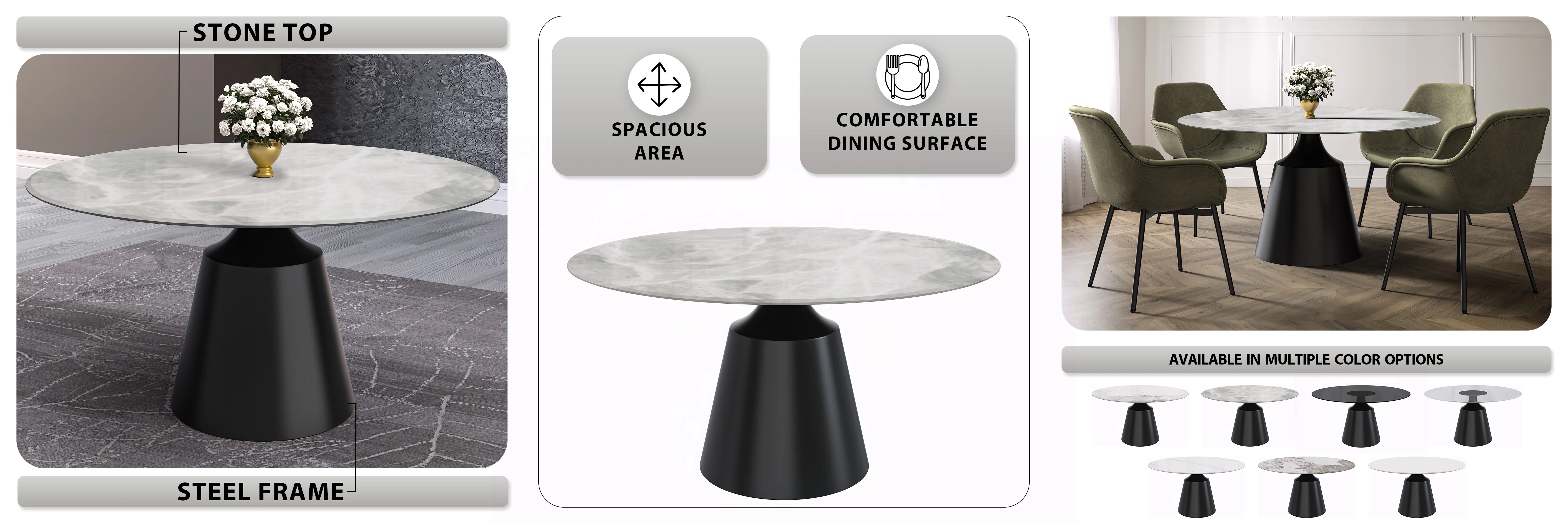 Prynn Series Round Dining Table Black Base with 60 Round Light Grey Sintered Stone Top