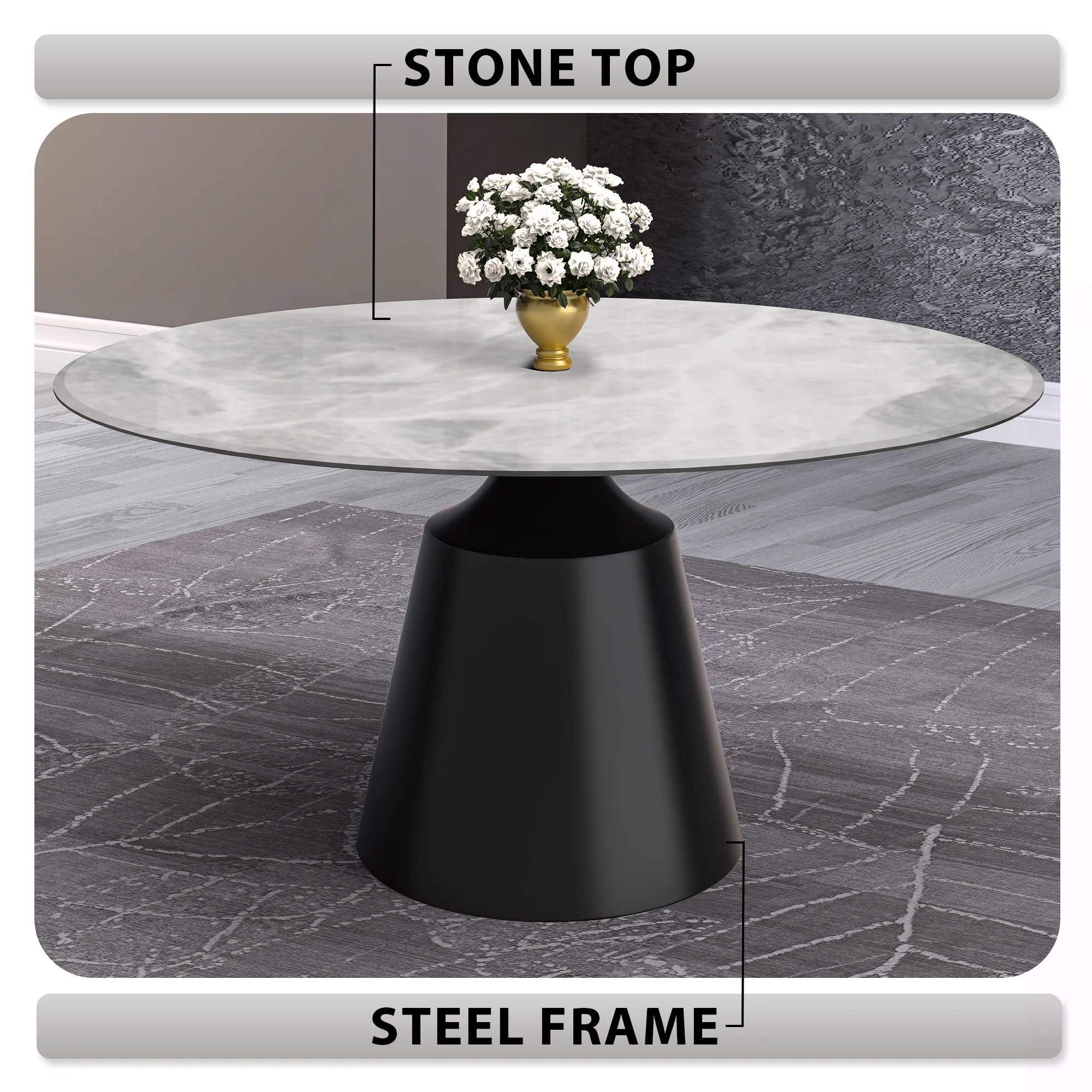 Prynn Series Round Dining Table Black Base with 60 Round Light Grey Sintered Stone Top