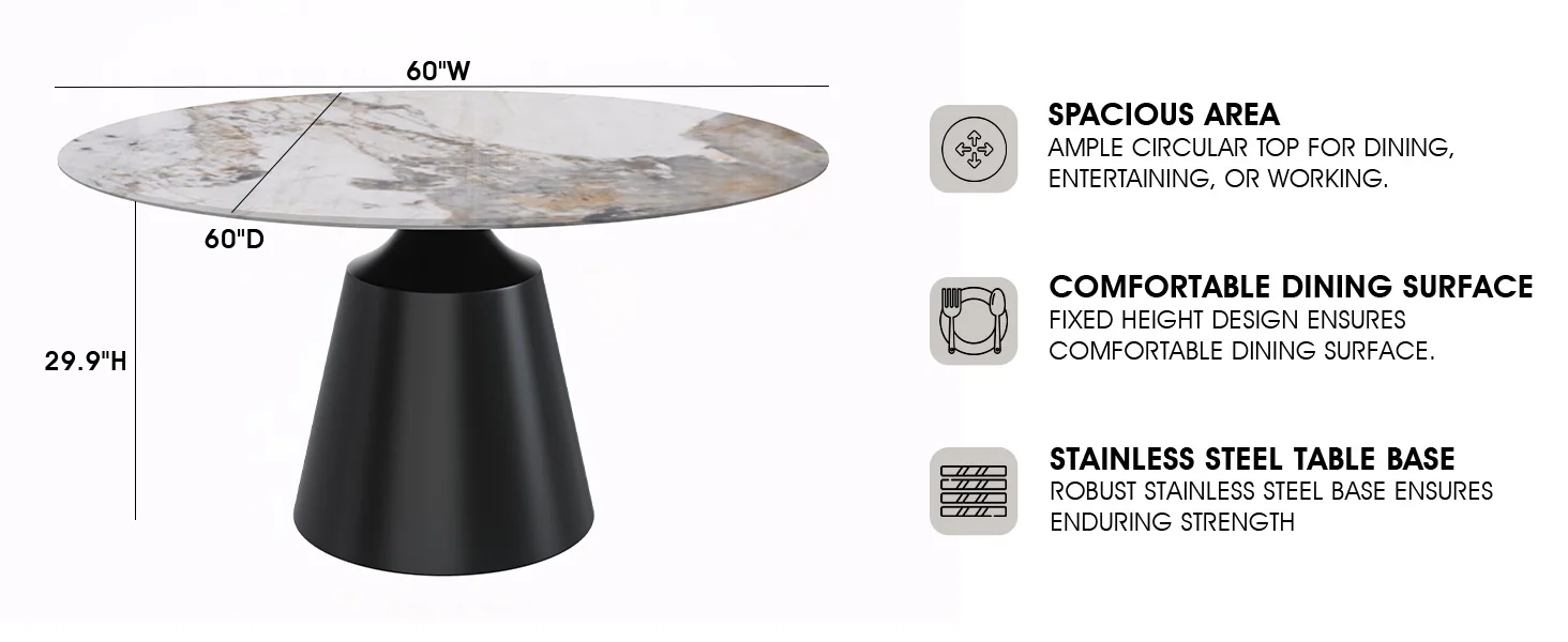 Prynn Series Round Dining Table Black Base with 60 Round Medium Grey Sintered Stone Top