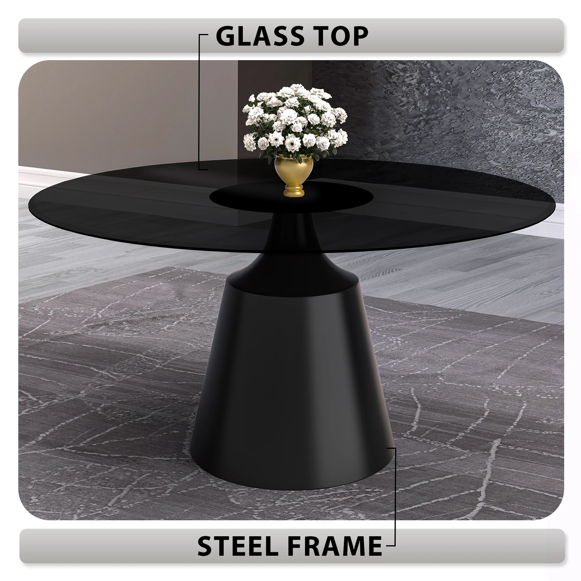 Prynn Series Round Dining Table Black Base with 71 Round Black Glass Top