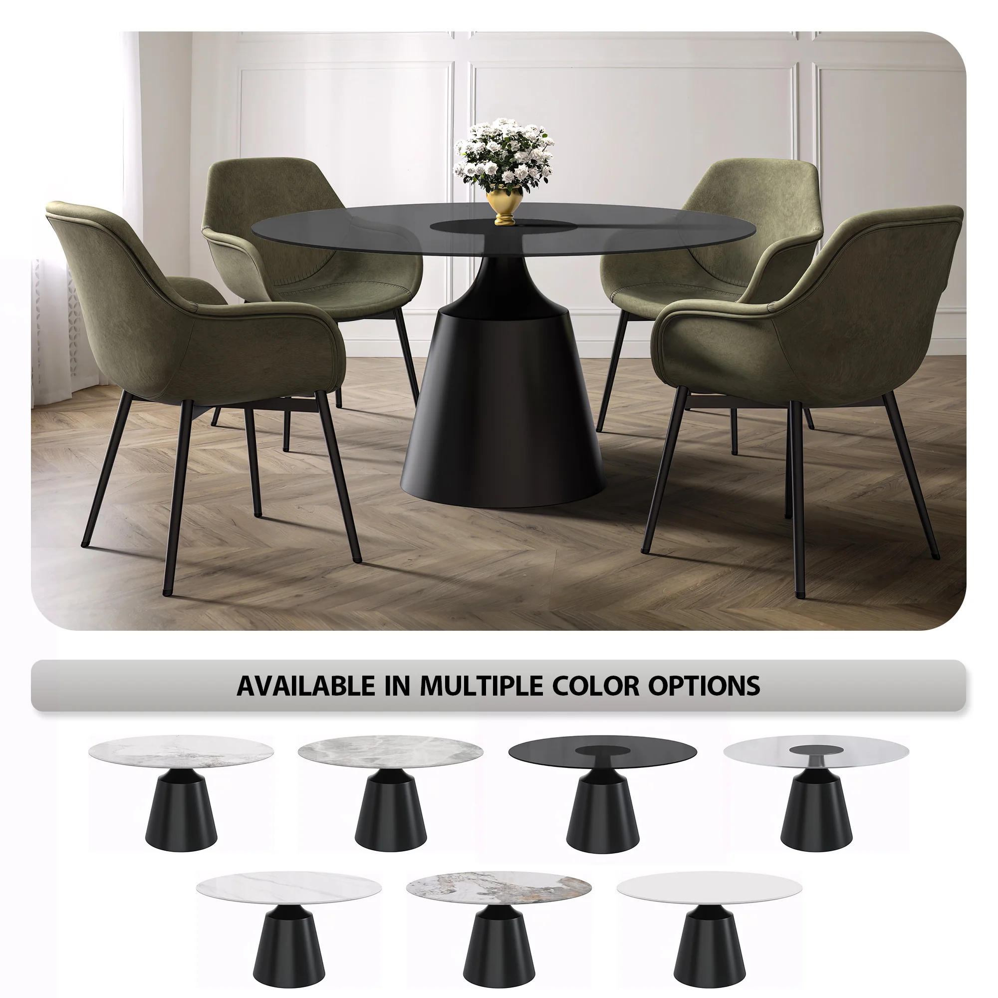 Prynn Series Round Dining Table Black Base with 71 Round Black Glass Top