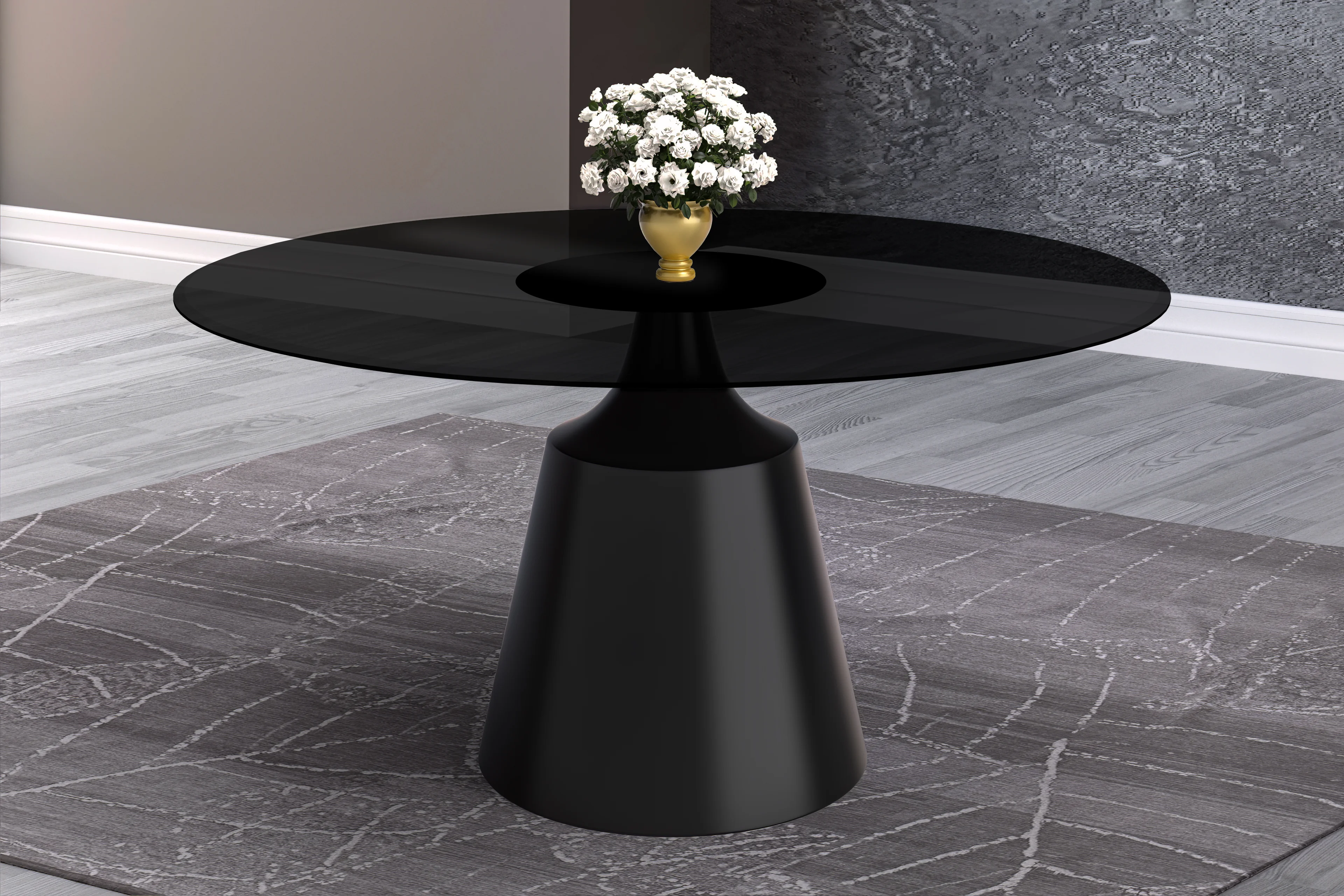 Prynn Series Round Dining Table Black Base with 71 Round Black Glass Top