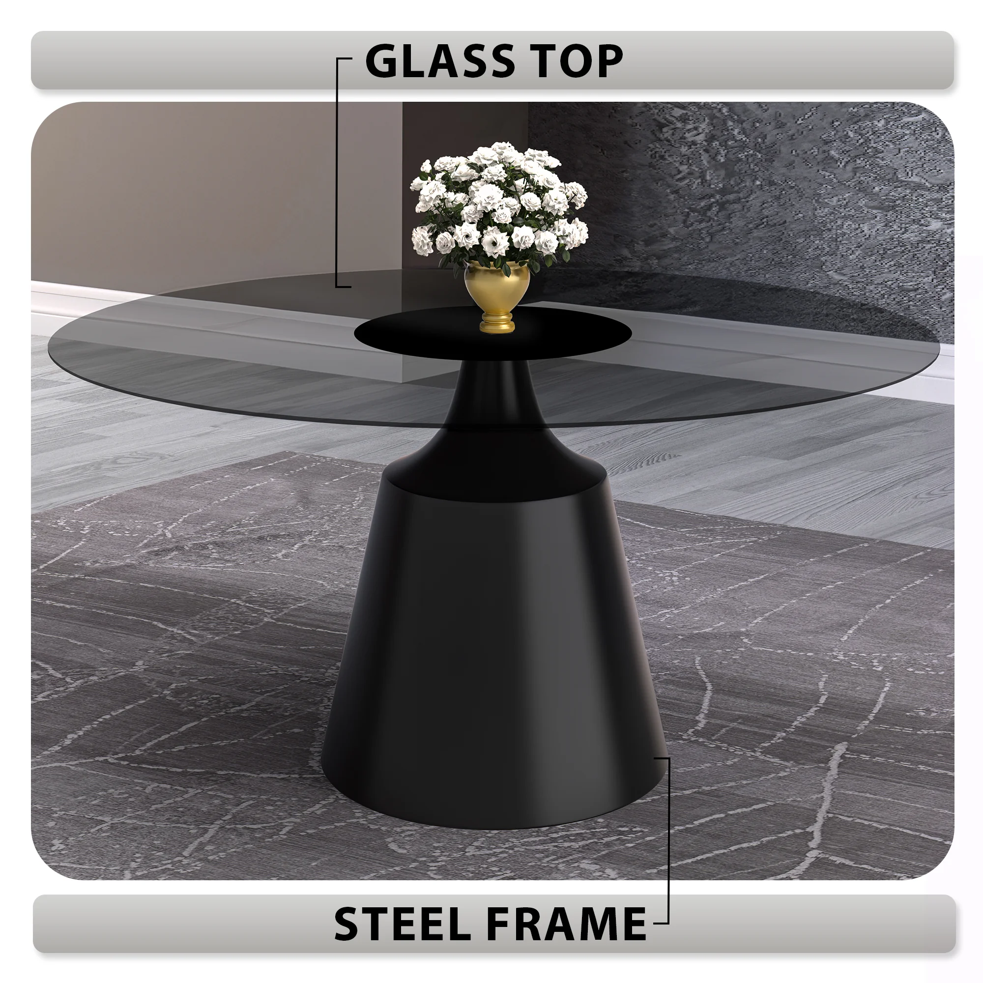 Prynn Series Round Dining Table Black Base with 71 Round Clear Glass Top