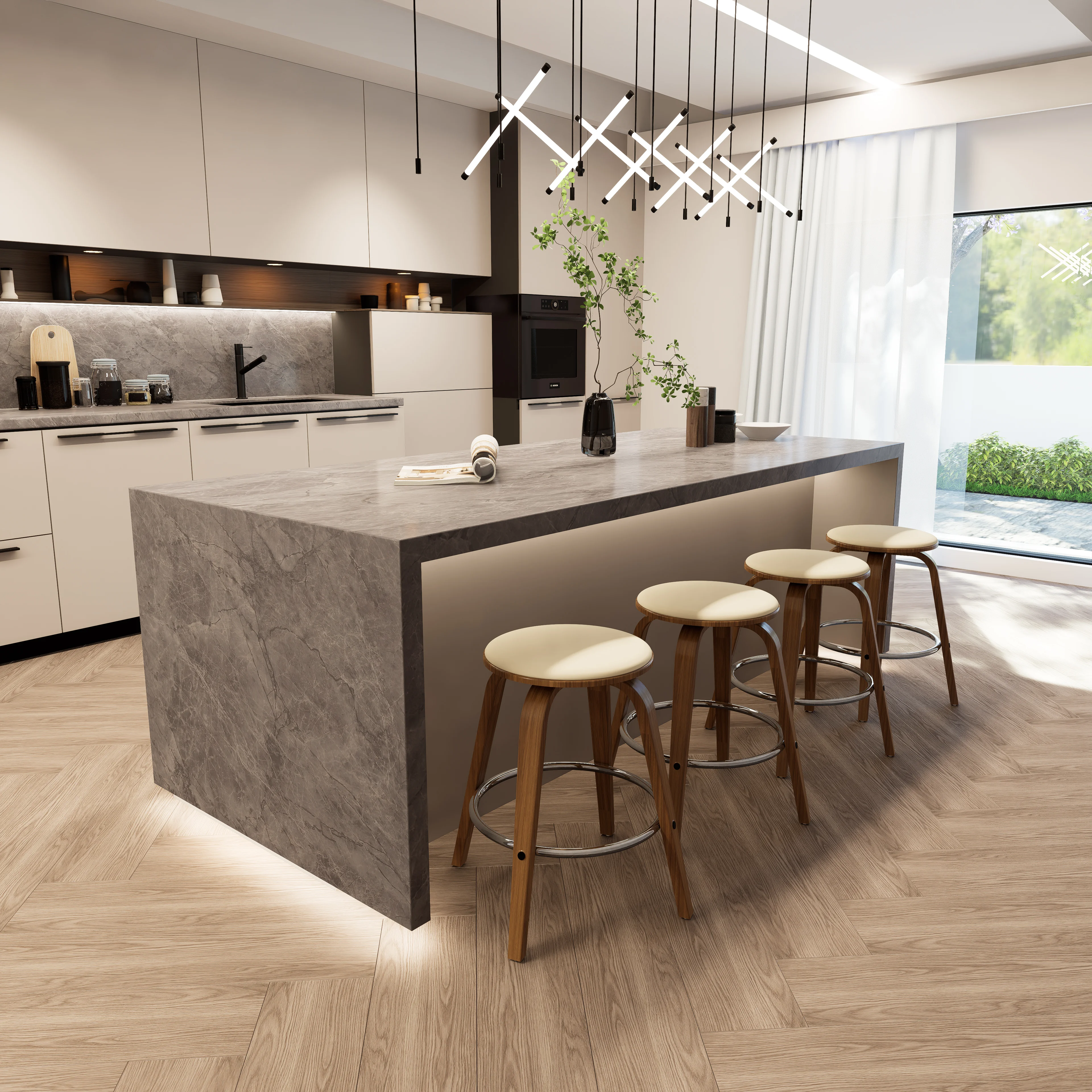 Wooden Counter Stool Pelya Collection Modern Style Walnut color in Light Taupe