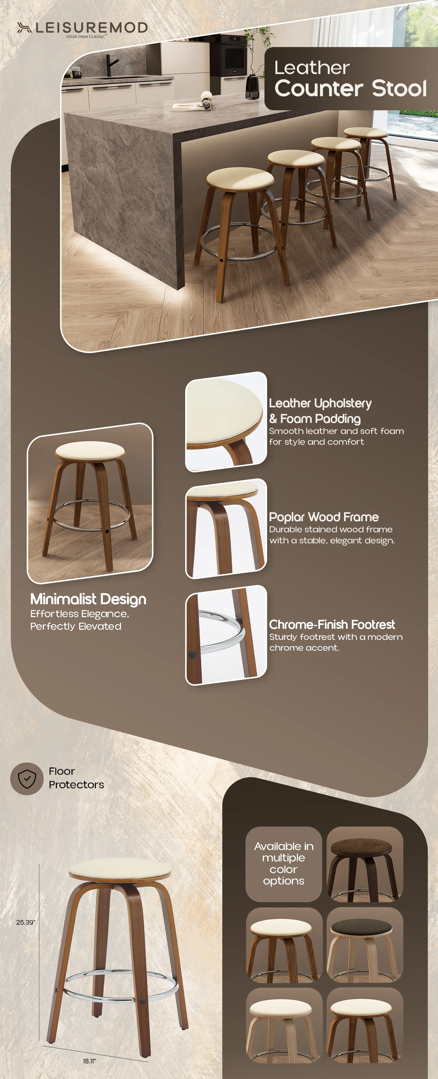 Wooden Counter Stool Pelya Collection Modern Style Walnut color in Light Taupe