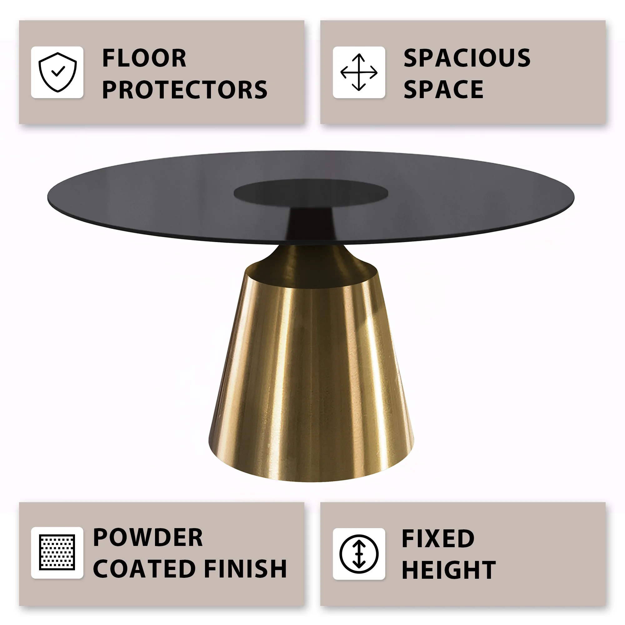 Prynn Series Round Dining Table Gold Base with 60 Round BLack Glass Top