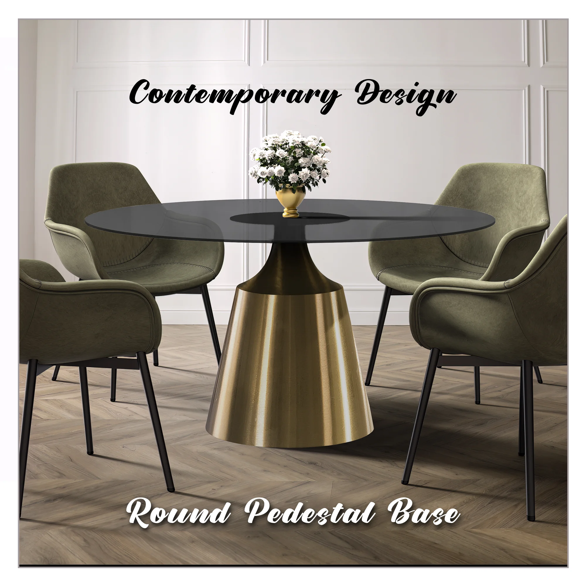 Prynn Series Round Dining Table Gold Base with 60 Round BLack Glass Top