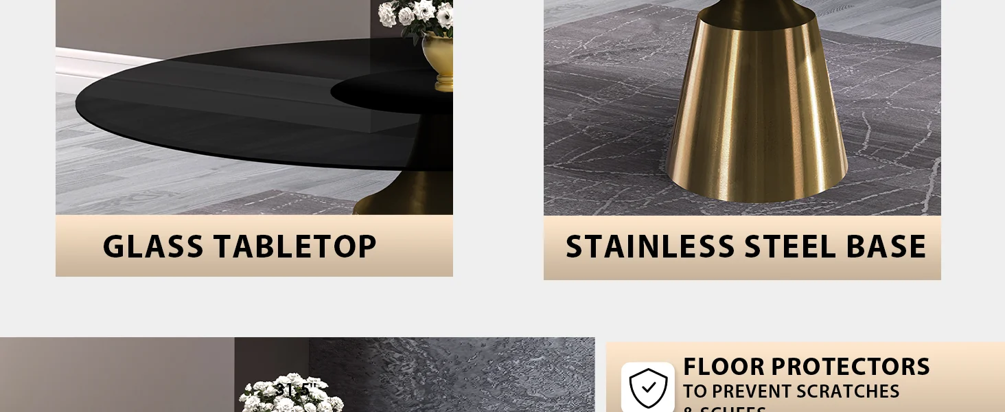 Prynn Series Round Dining Table Gold Base with 60 Round BLack Glass Top